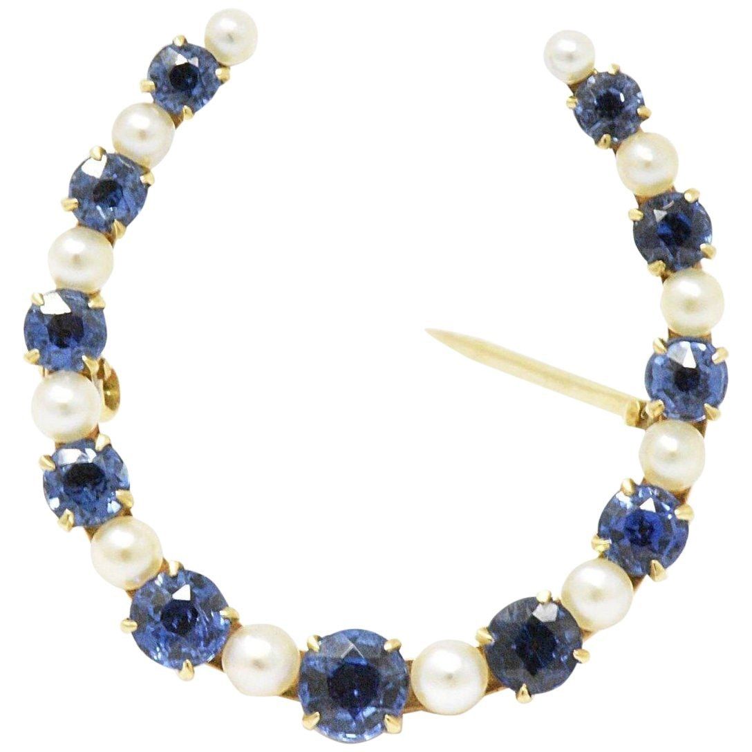 Victorian Montana Sapphire and Natural Pearl 14K Yellow Gold Horseshoe Pin Brooch Wilson's Estate Jewelry