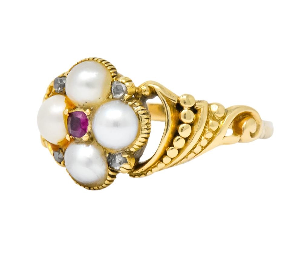 Victorian Pearl Ruby Diamond 14 Karat Gold Ring - Wilson's Estate Jewelry