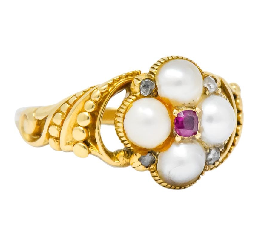 Victorian Pearl Ruby Diamond 14 Karat Gold Ring - Wilson's Estate Jewelry
