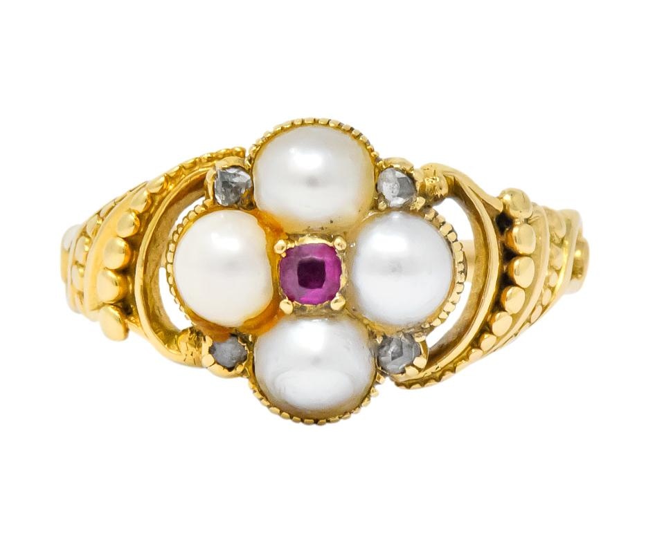 Victorian Pearl Ruby Diamond 14 Karat Gold Ring - Wilson's Estate Jewelry