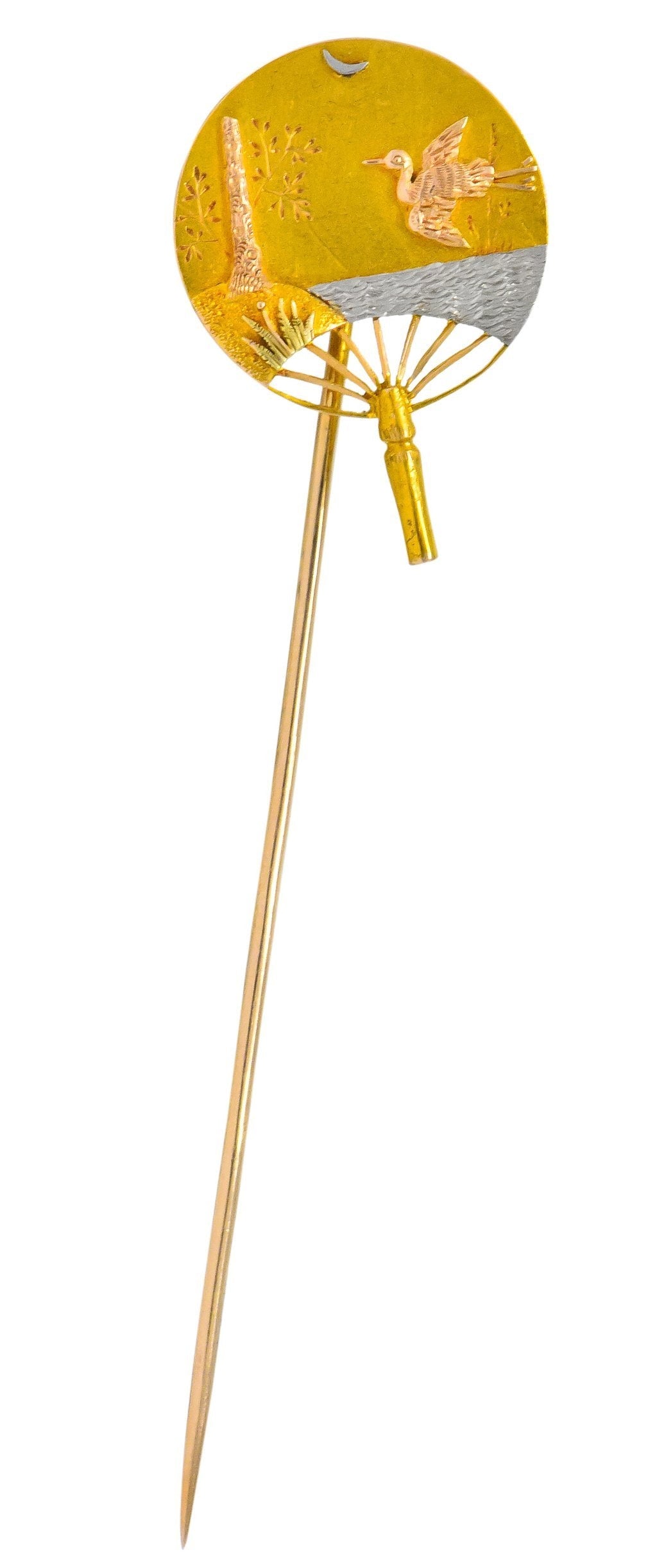 Victorian Platinum 14 Karat Gold Mixed Metal Japanese Uchiwa Fan Stickpin - Wilson's Estate Jewelry