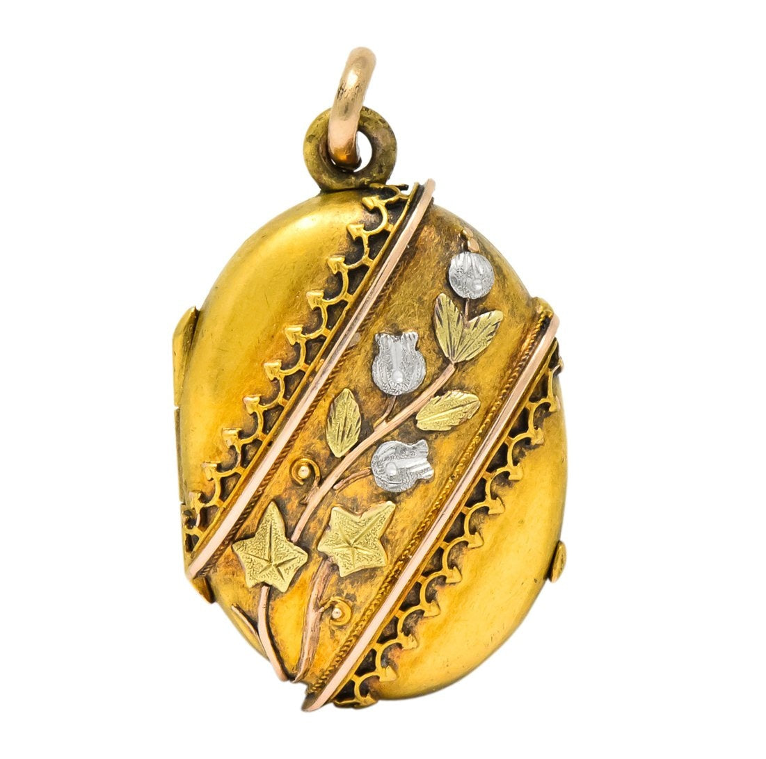 Victorian Platinum 14 Karat Tri-Color Gold Flower Leaf Locket - Wilson's Estate Jewelry