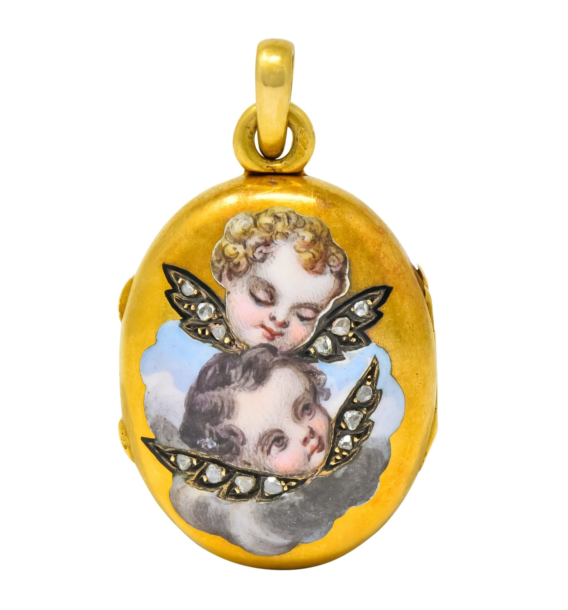 Victorian Rose Cut Diamond Enamel 18 Karat Gold Cherub Mourning Locket Pendant - Wilson's Estate Jewelry