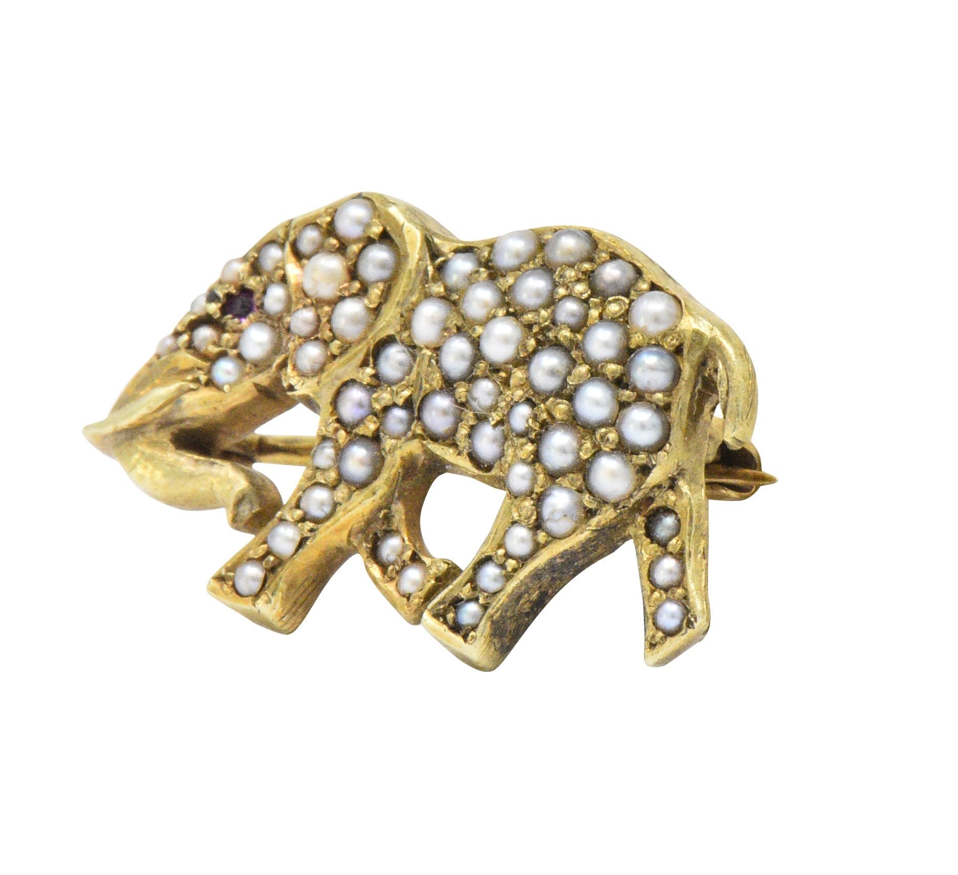 Victorian Seed Pearl Ruby 14 Karat Gold Elephant Pin Wilson's Estate Jewelry