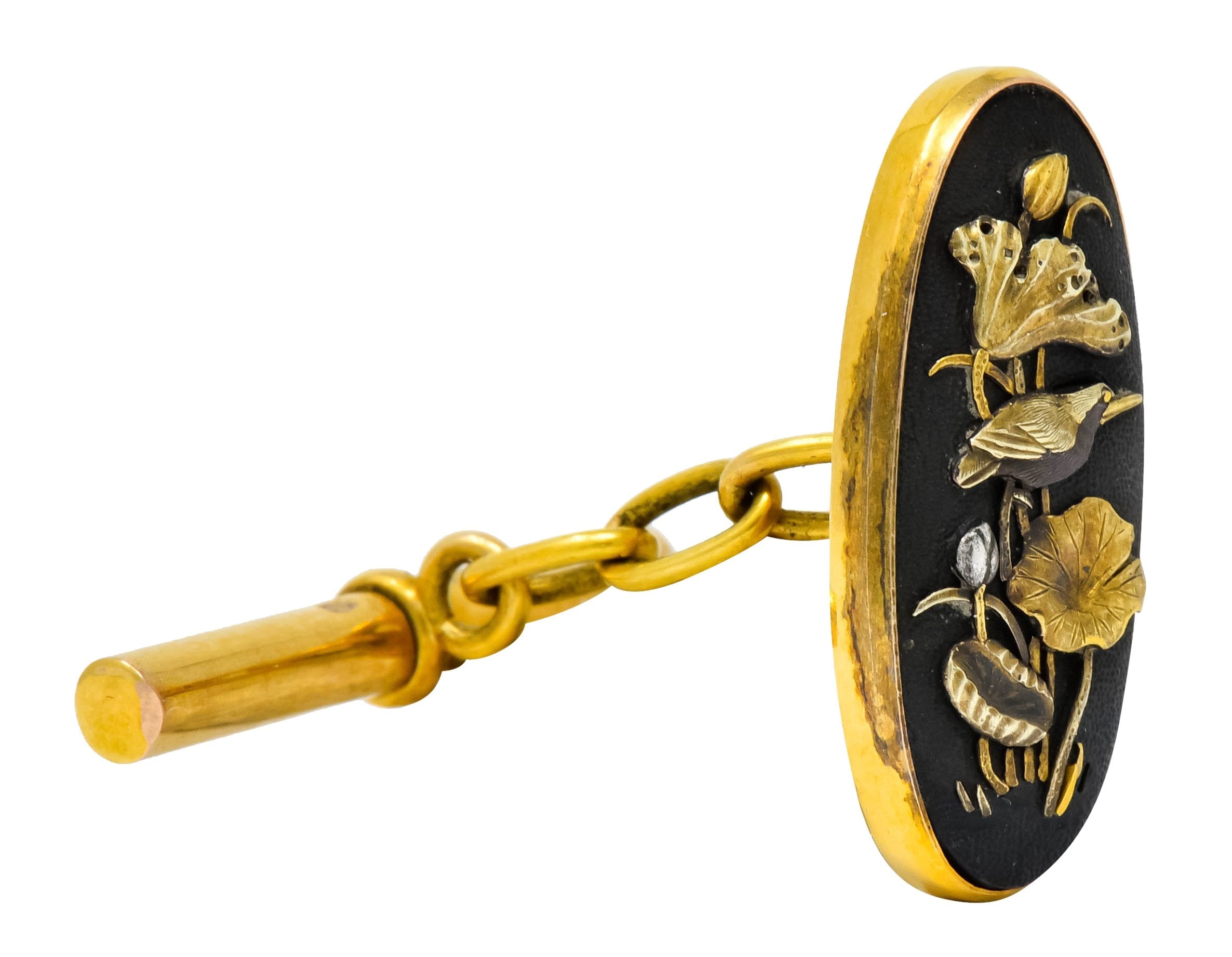 Victorian Shakudo 14 Karat Gold Mixed Metal Floral Bird Men's Cufflinks - Wilson's Estate Jewelry
