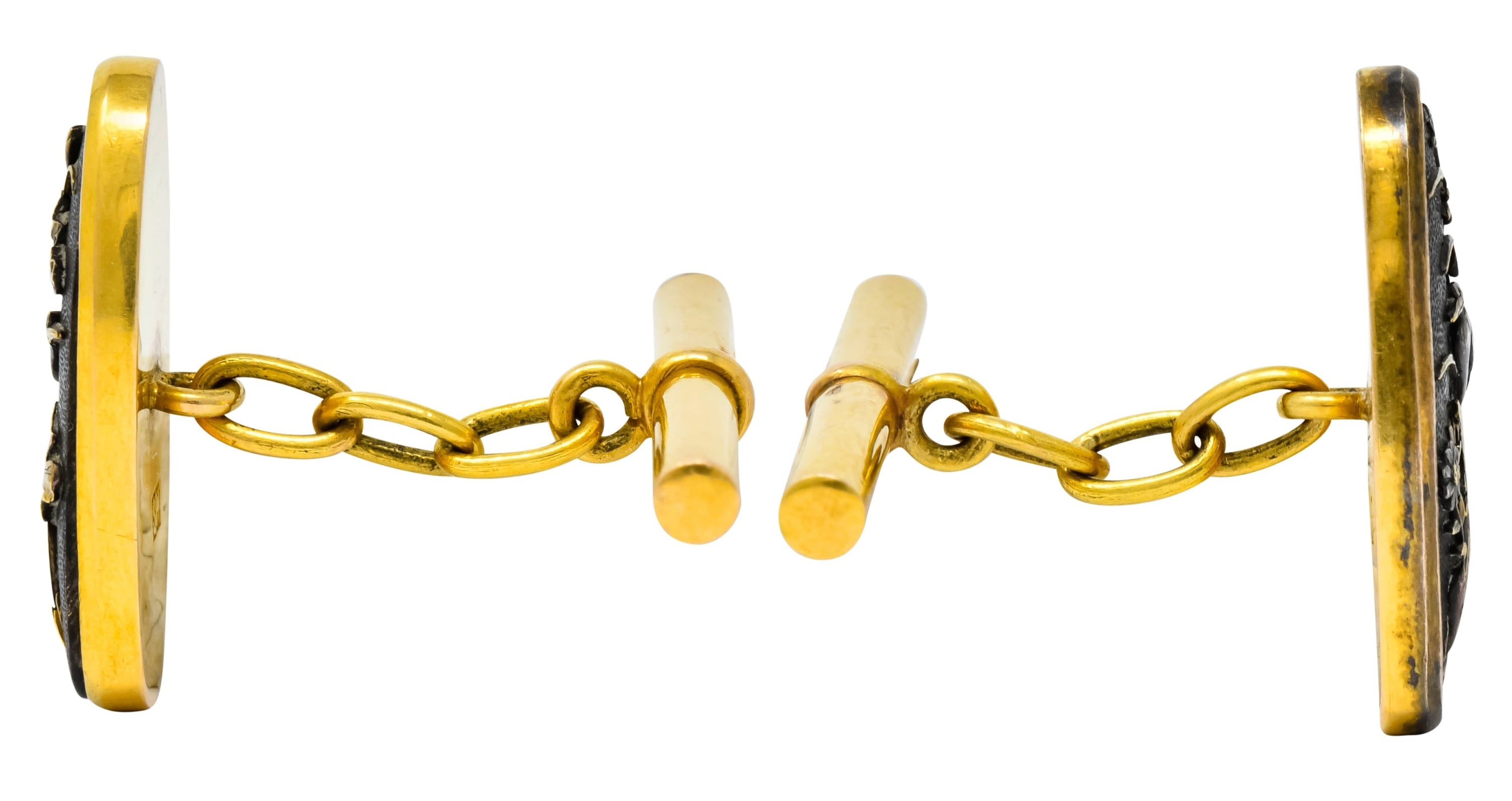 Victorian Shakudo 14 Karat Gold Mixed Metal Floral Bird Men's Cufflinks - Wilson's Estate Jewelry