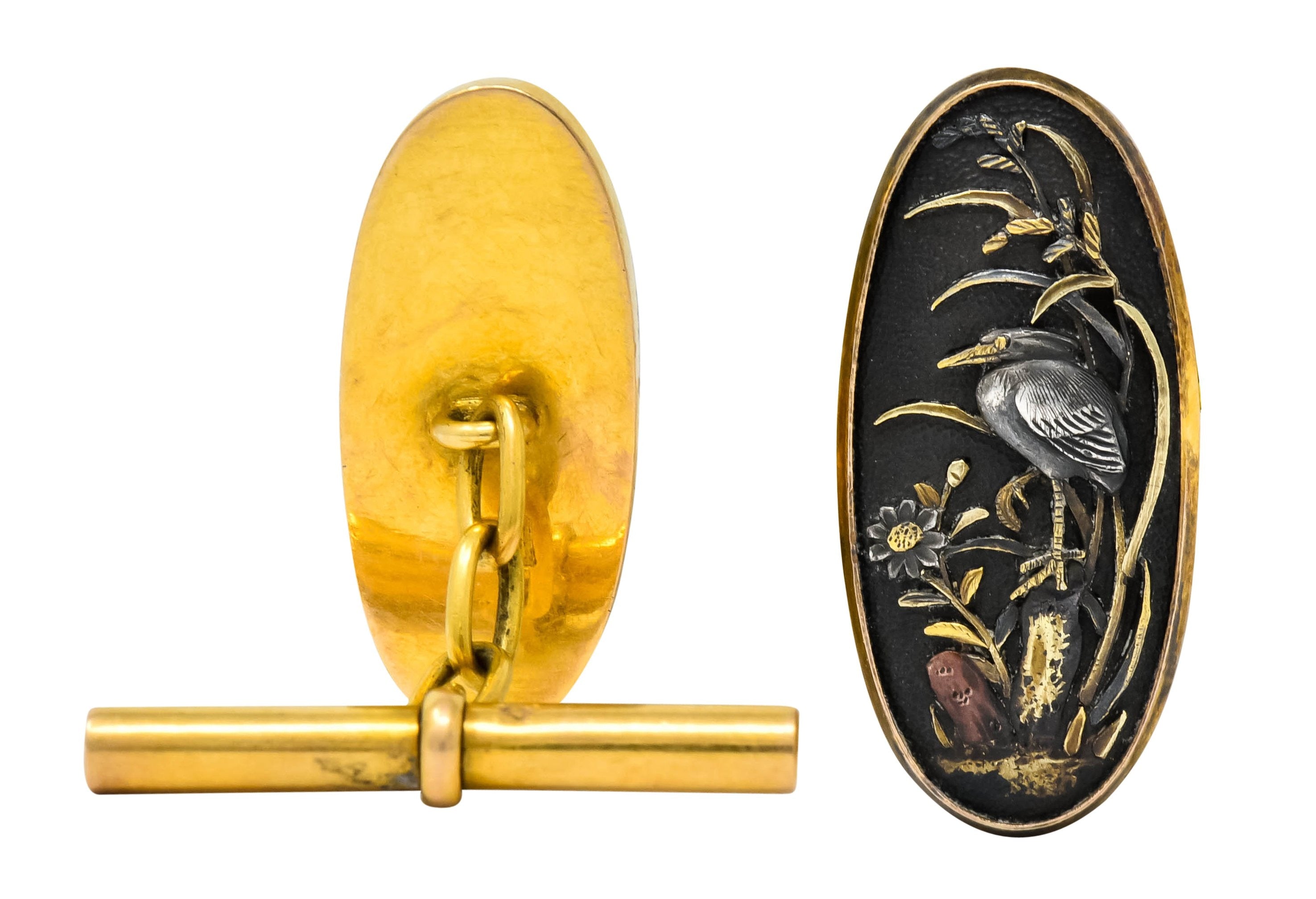 Victorian Shakudo 14 Karat Gold Mixed Metal Floral Bird Men's Cufflinks - Wilson's Estate Jewelry