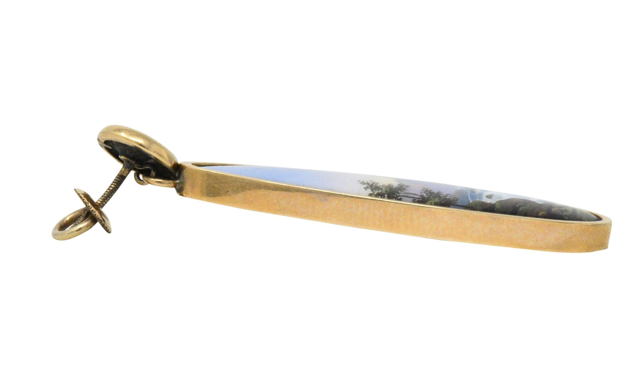 Victorian Swiss Enamel Painted Porcelain 14 Karat Gold Drop Earrings Wilson's Estate Jewelry