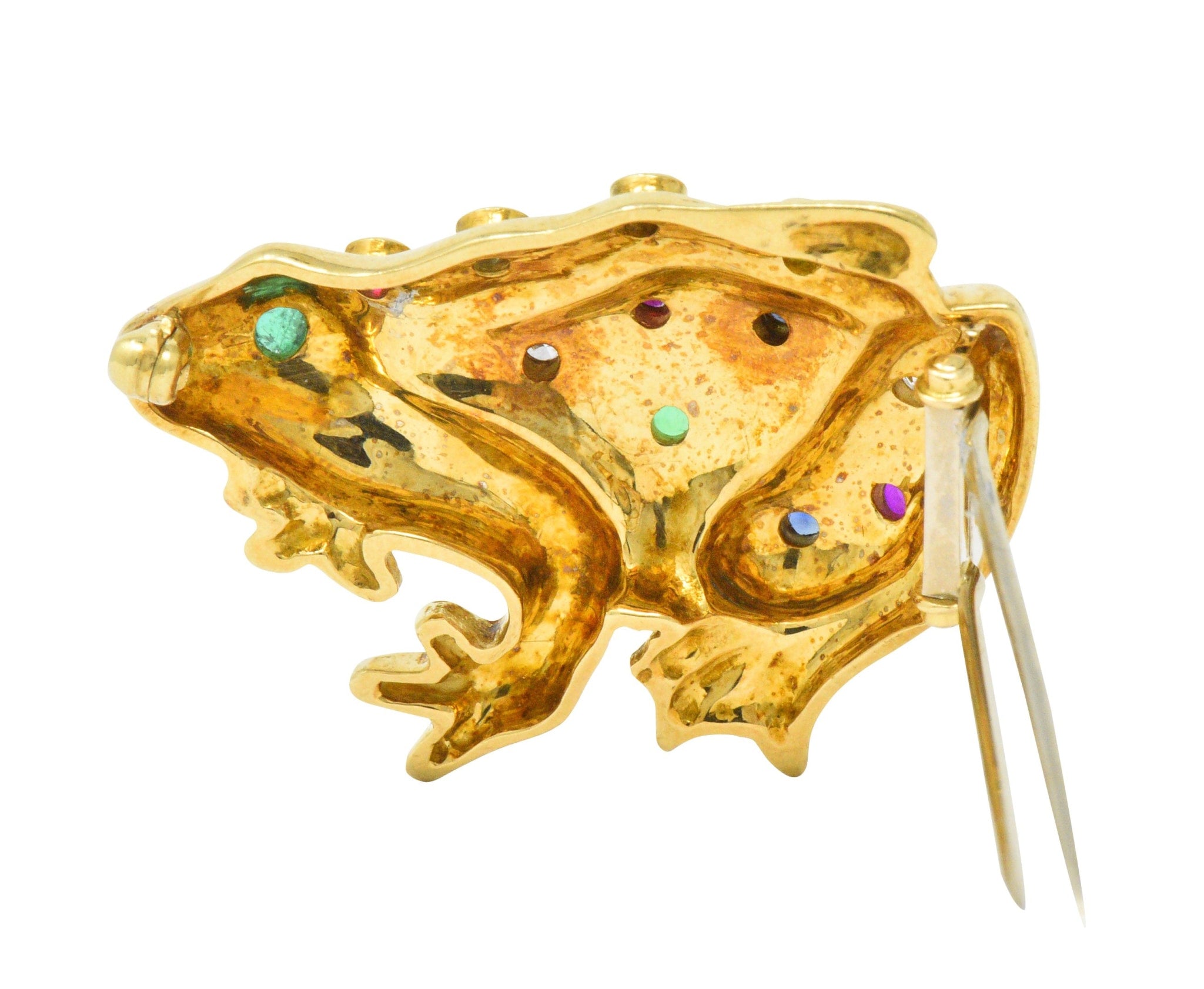 Vintage 1.25 CTW Diamond Emerald Ruby Sapphire 18 Karat Gold Frog Brooch Wilson's Estate Jewelry