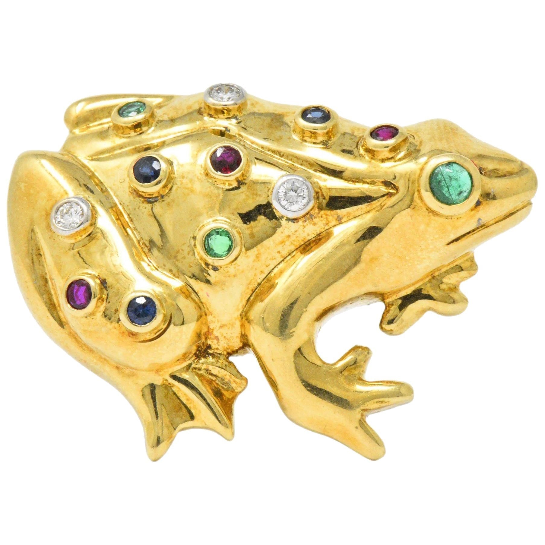 Vintage 1.25 CTW Diamond Emerald Ruby Sapphire 18 Karat Gold Frog Brooch Wilson's Estate Jewelry