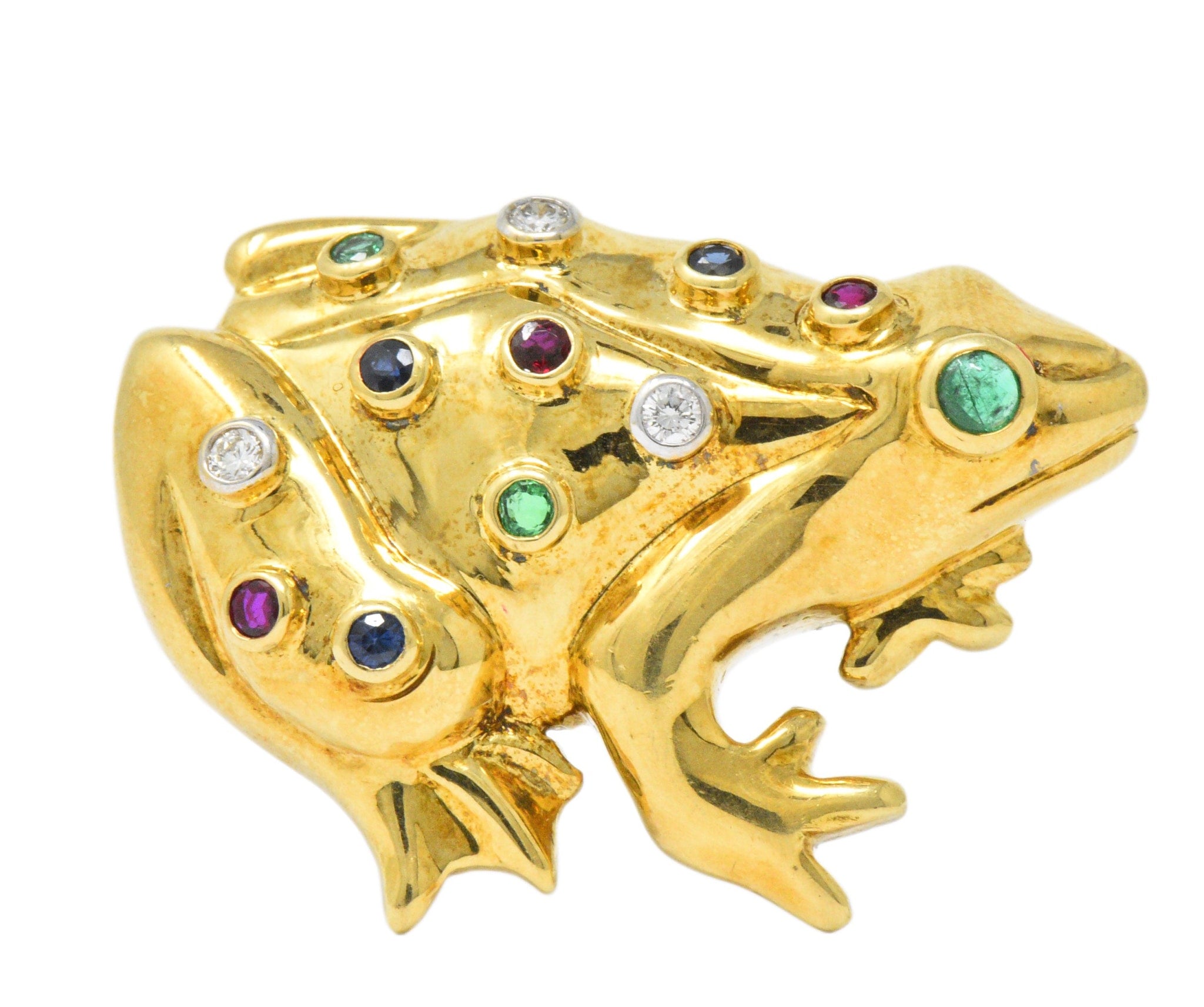 Vintage 1.25 CTW Diamond Emerald Ruby Sapphire 18 Karat Gold Frog Brooch Wilson's Estate Jewelry
