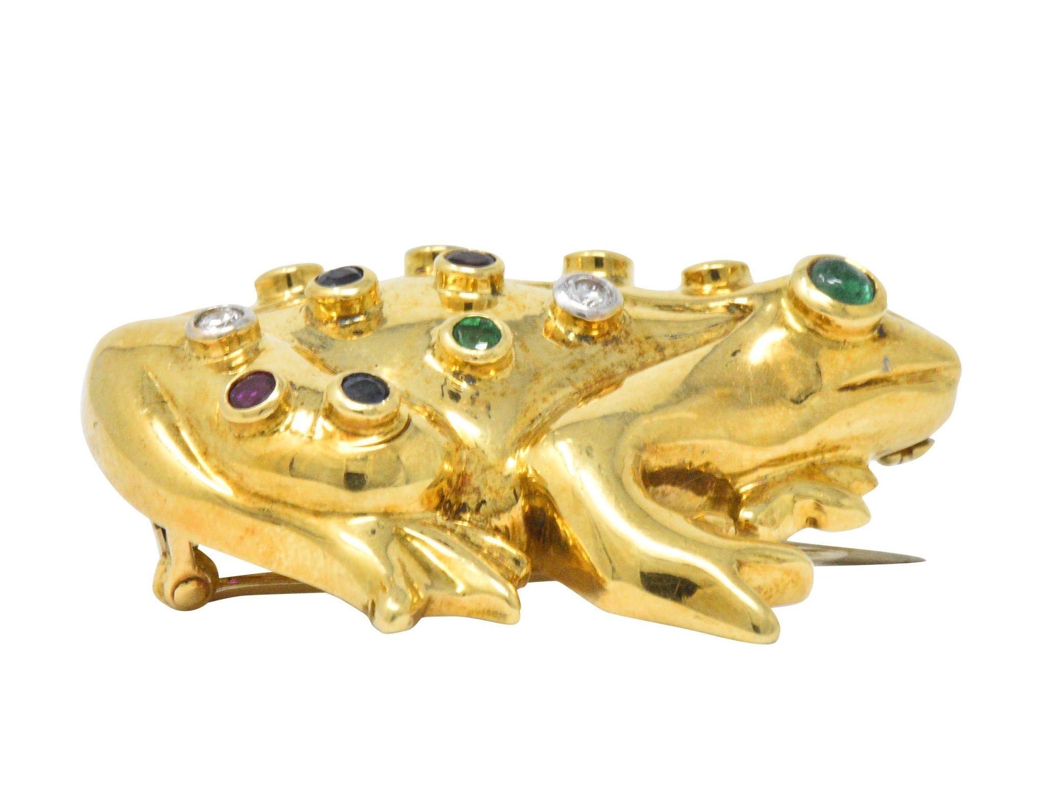 Vintage 1.25 CTW Diamond Emerald Ruby Sapphire 18 Karat Gold Frog Brooch Wilson's Estate Jewelry
