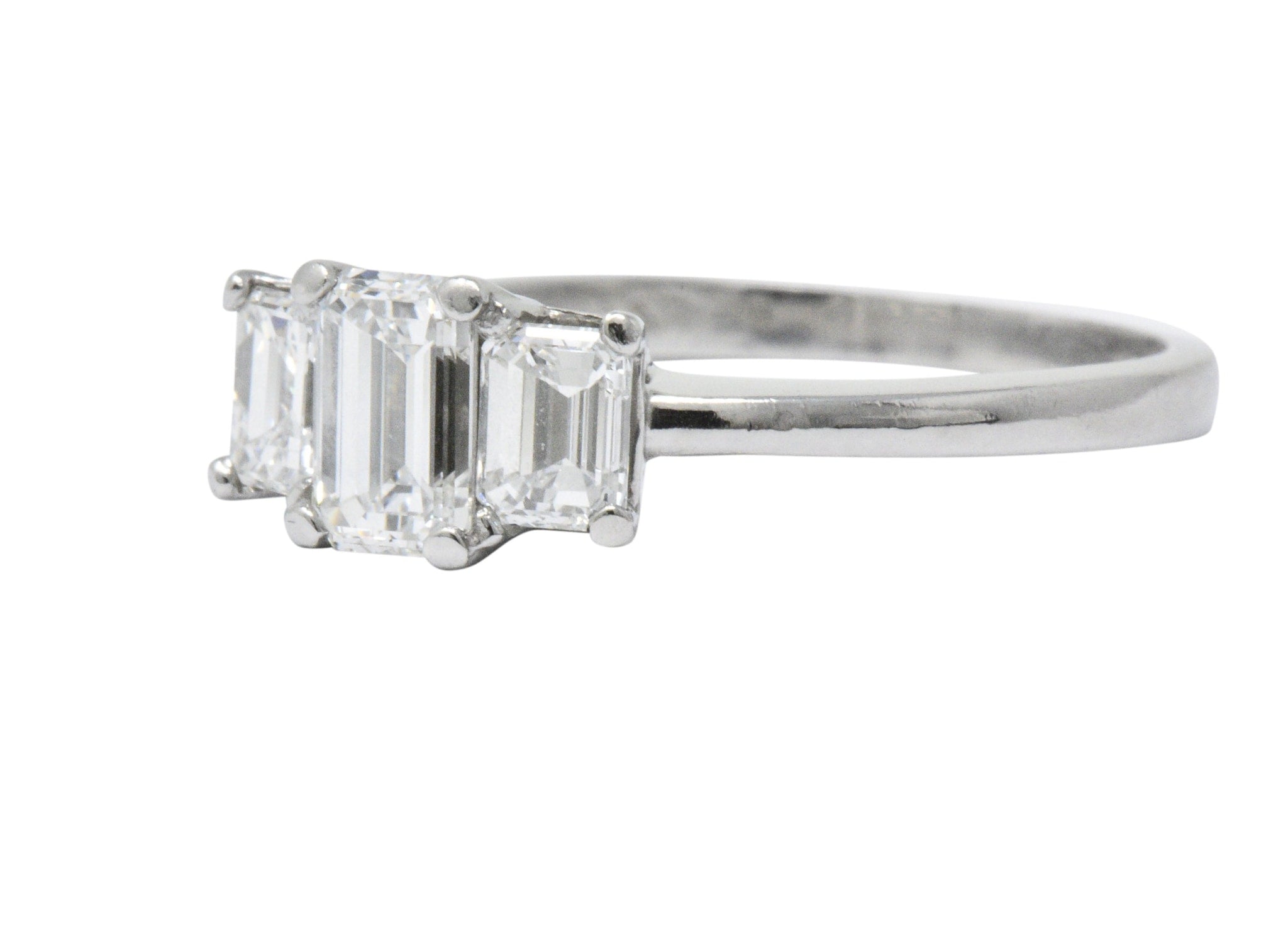 Vintage 1.40 CTW Emerald Cut Diamond Platinum Three Stone Engagement Ring Wilson's Estate Jewelry