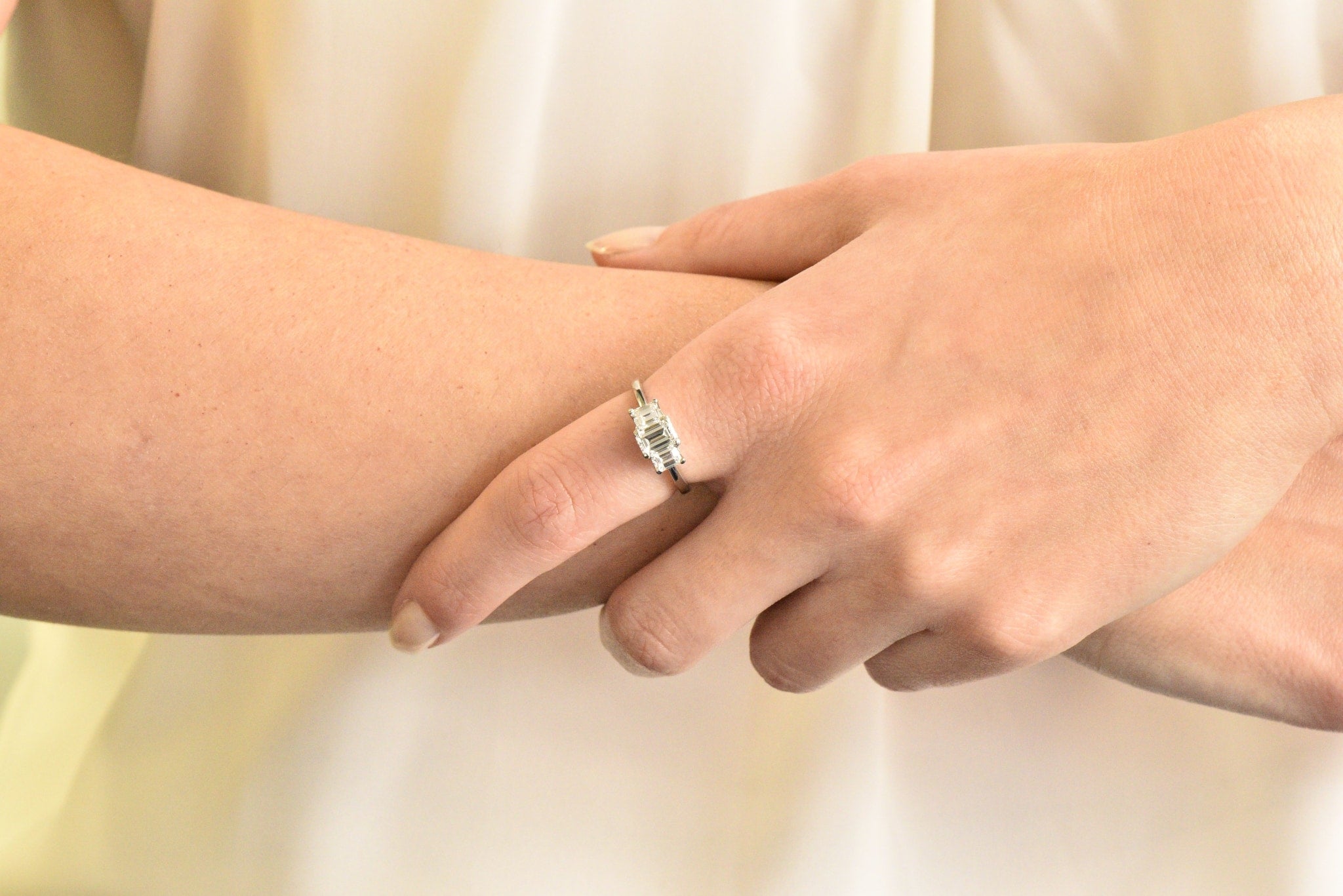 Vintage 1.40 CTW Emerald Cut Diamond Platinum Three Stone Engagement Ring Wilson's Estate Jewelry
