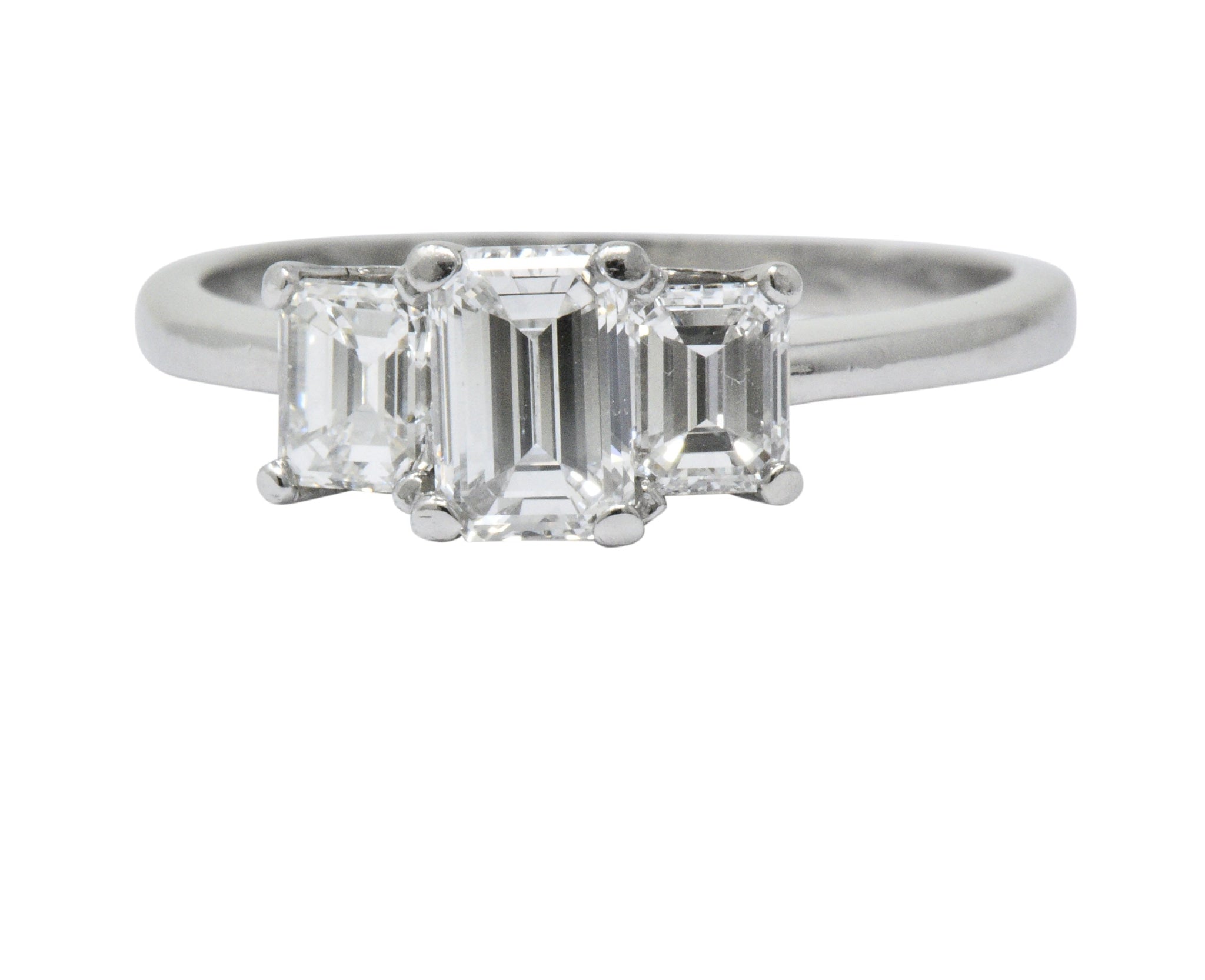Vintage 1.40 CTW Emerald Cut Diamond Platinum Three Stone Engagement Ring Wilson's Estate Jewelry