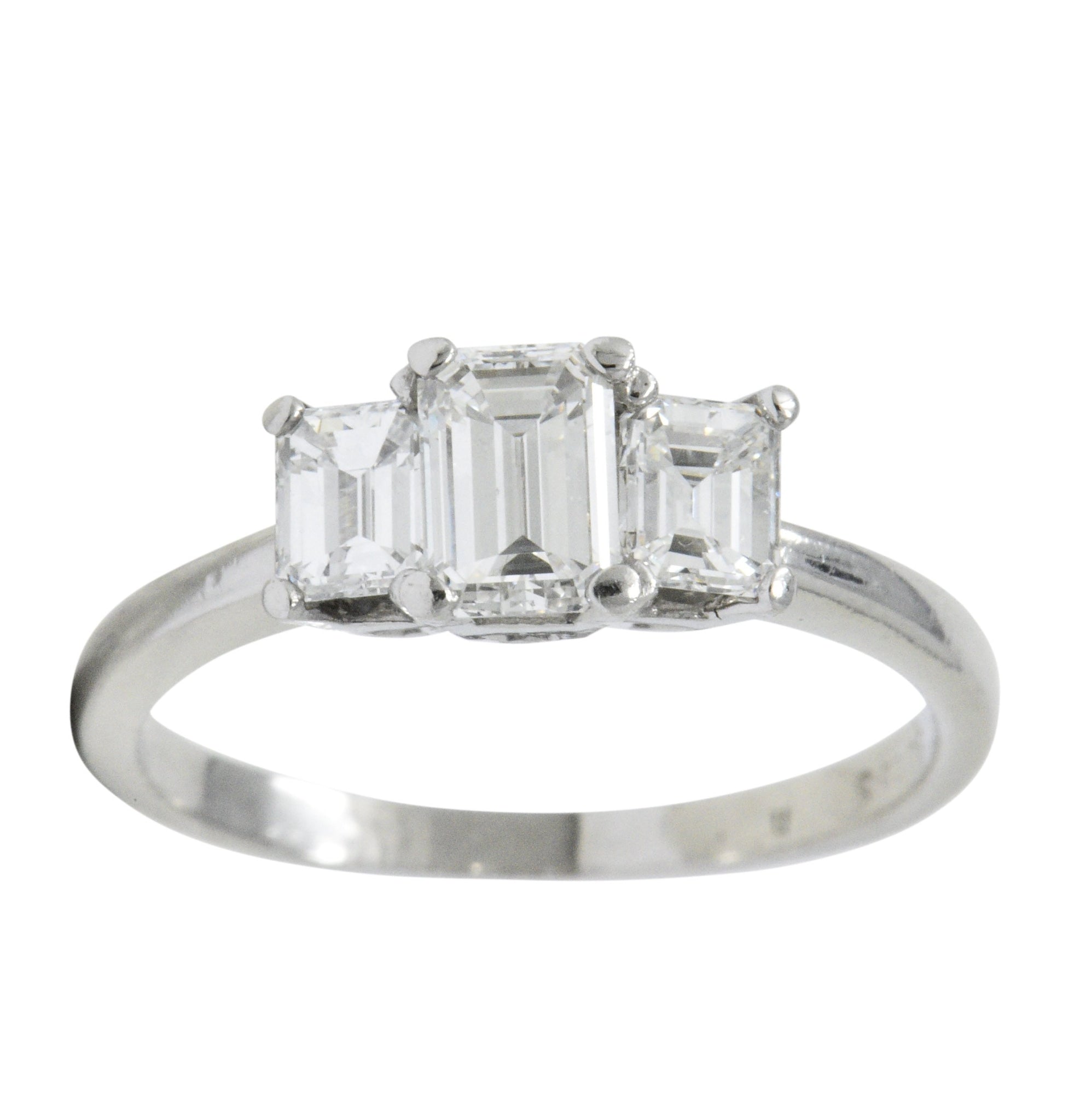 Vintage 1.40 CTW Emerald Cut Diamond Platinum Three Stone Engagement Ring Wilson's Estate Jewelry