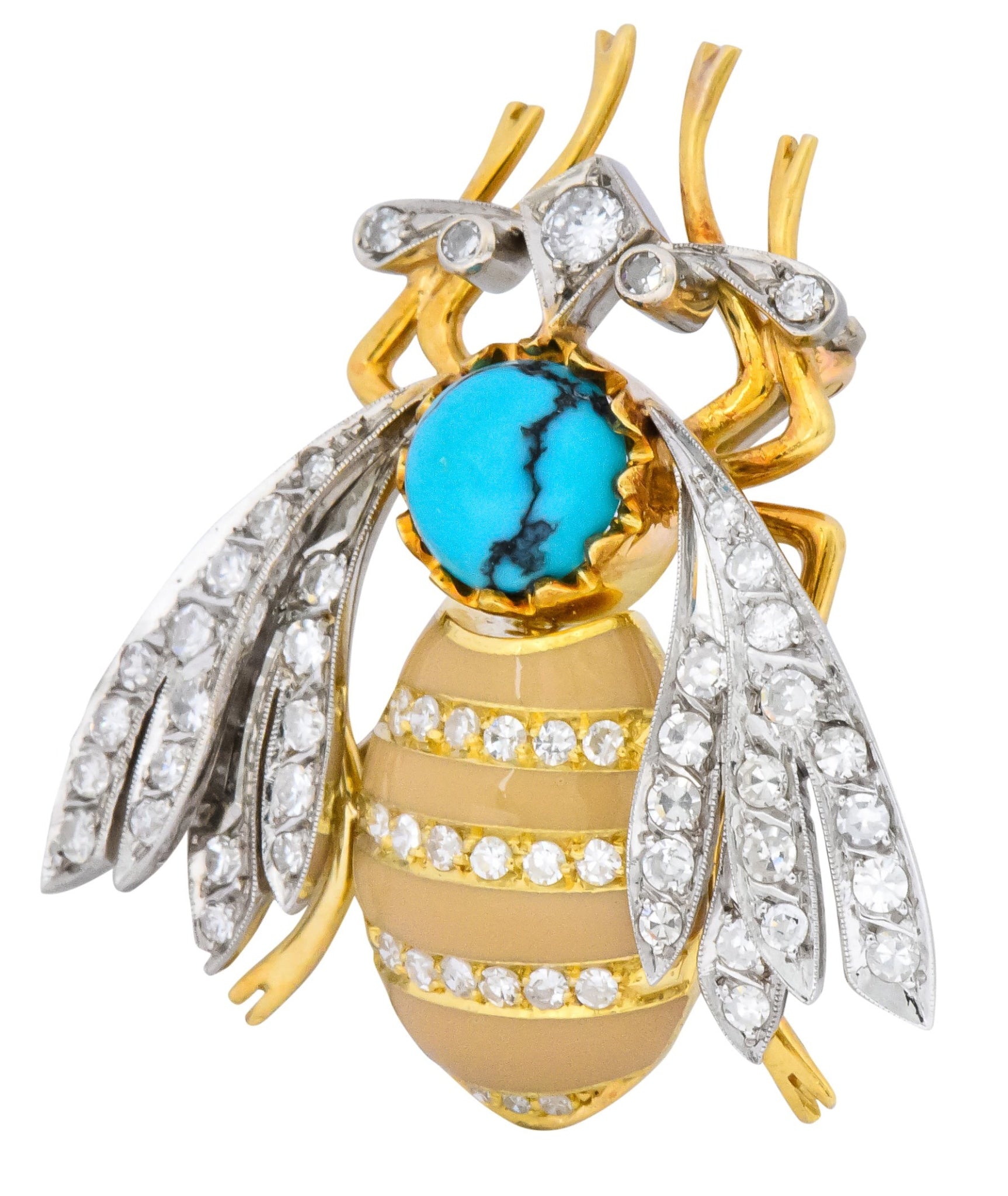 Vintage 1.71 CTW Diamond Turquoise Enamel Platinum 18 Karat Gold Insect Brooch - Wilson's Estate Jewelry