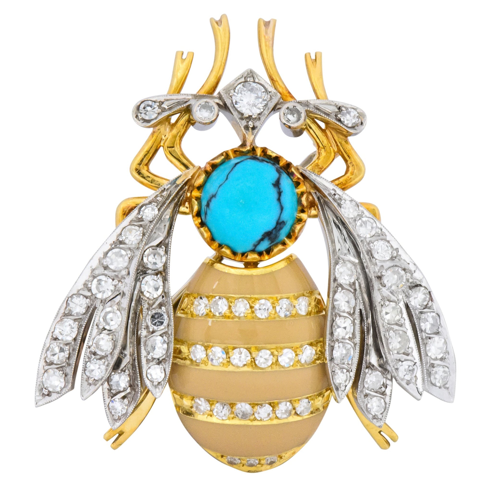 Vintage 1.71 CTW Diamond Turquoise Enamel Platinum 18 Karat Gold Insect Brooch - Wilson's Estate Jewelry