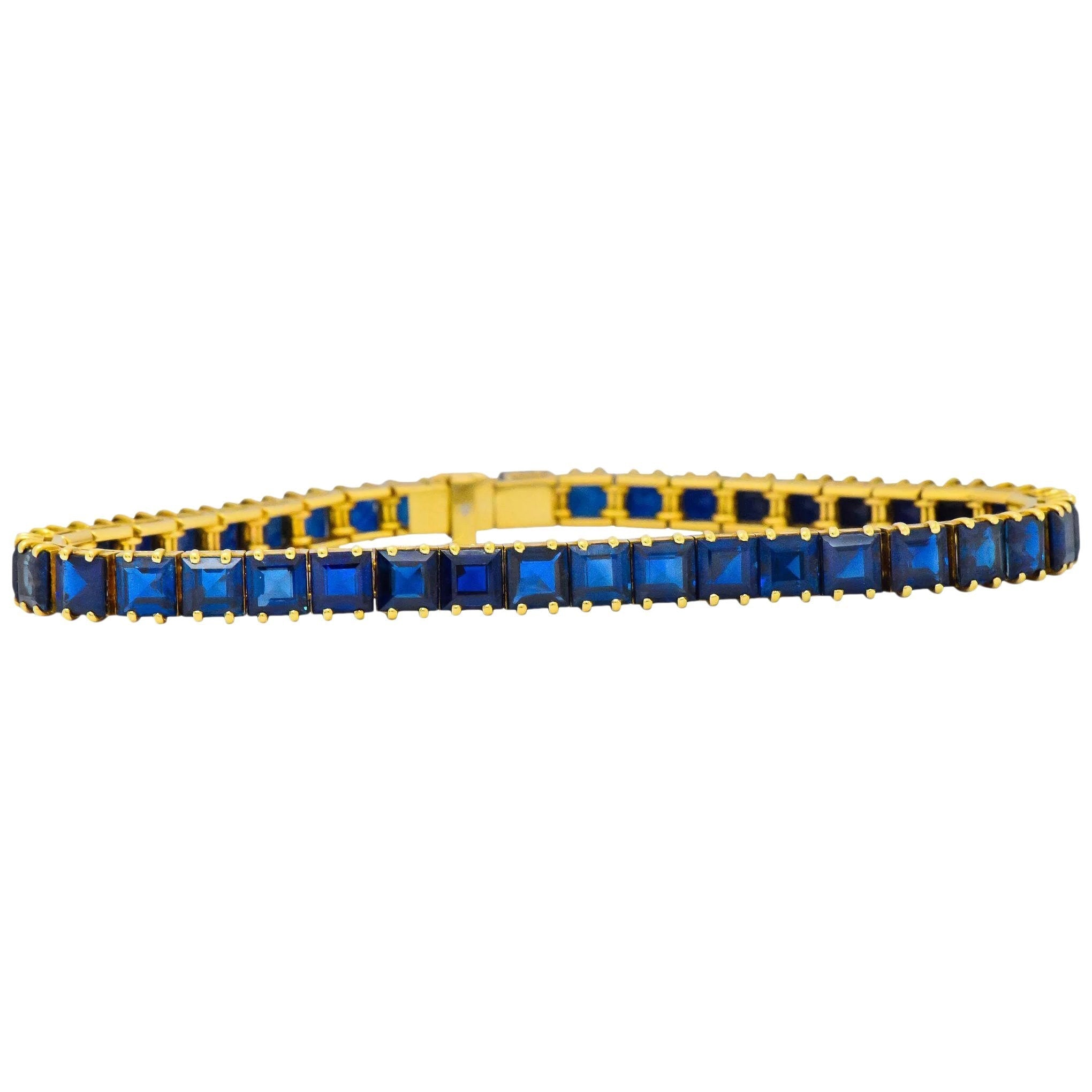 1950's Mid-Century 22.00 CTW No Heat Sapphire 18 Karat Gold Line Bracelet GIA Wilson's Estate Jewelry