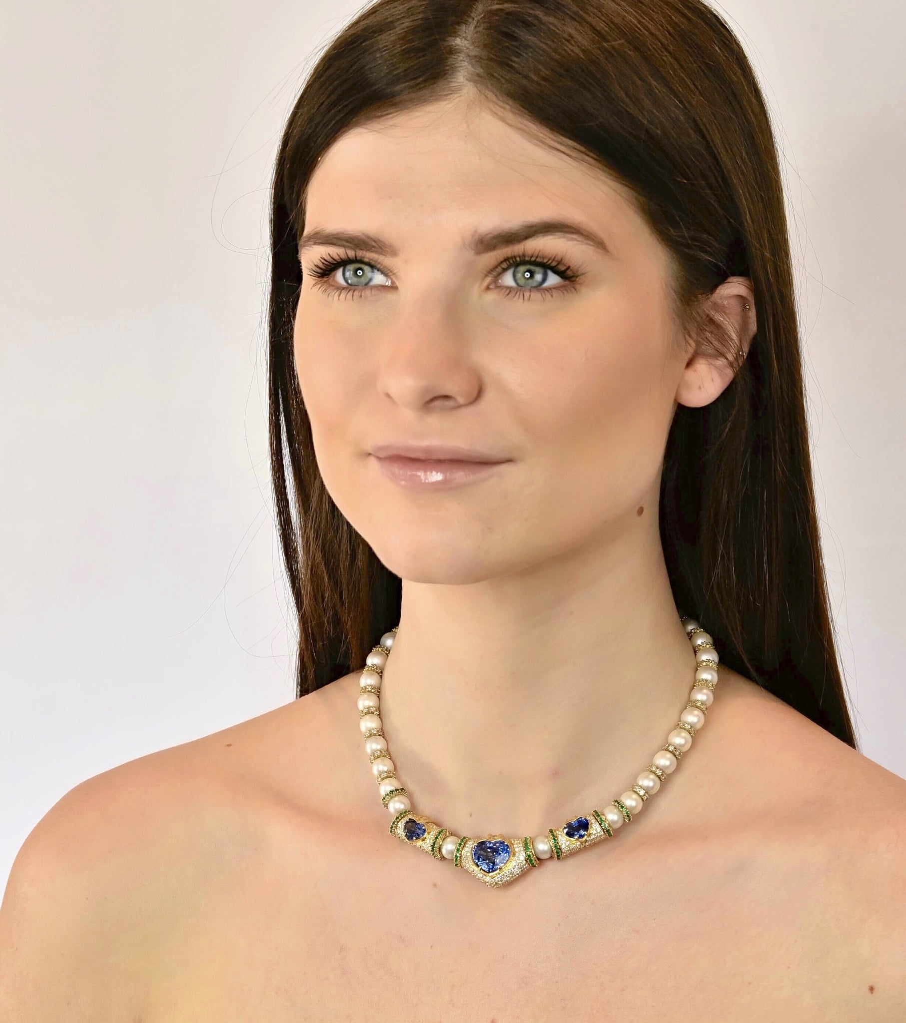 Vintage 35.50 CTW Sapphire Emerald Diamond Pearl 18 Karat Gold Heart Necklace - Wilson's Estate Jewelry