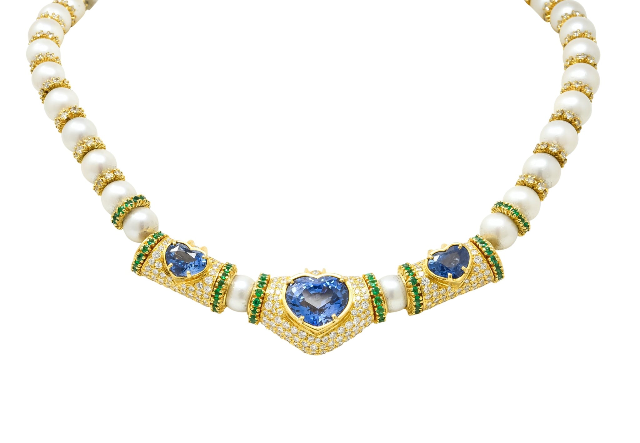 Vintage 35.50 CTW Sapphire Emerald Diamond Pearl 18 Karat Gold Heart Necklace - Wilson's Estate Jewelry