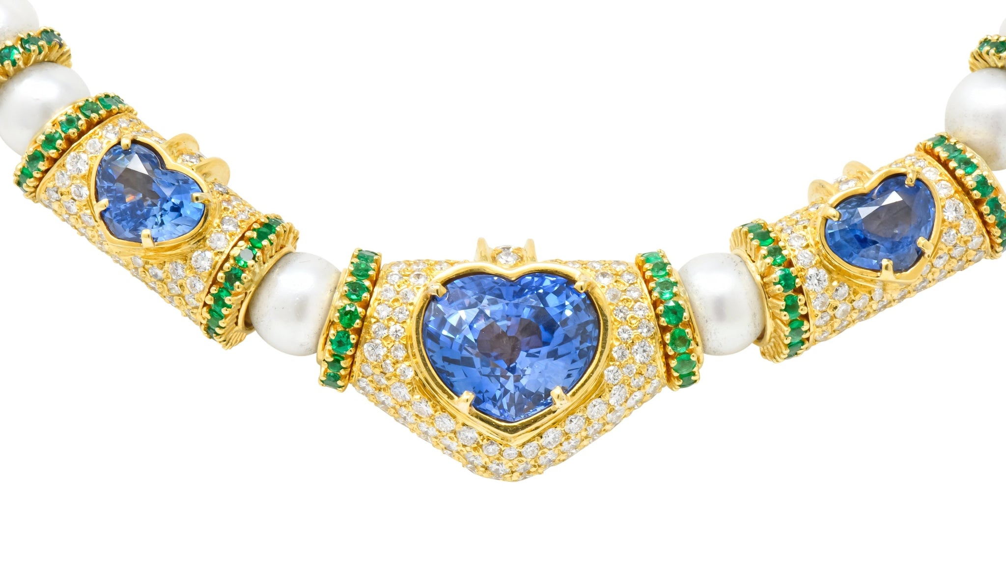 Vintage 35.50 CTW Sapphire Emerald Diamond Pearl 18 Karat Gold Heart Necklace - Wilson's Estate Jewelry