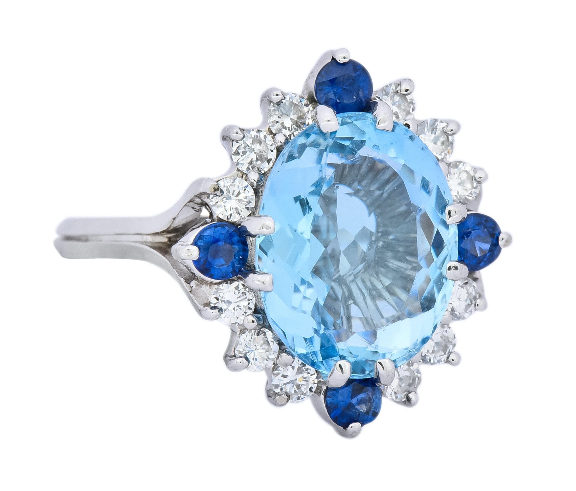 Vintage 4.14 CTW Aquamarine Diamond Sapphire 18 Karat White Gold Cluster Ring - Wilson's Estate Jewelry