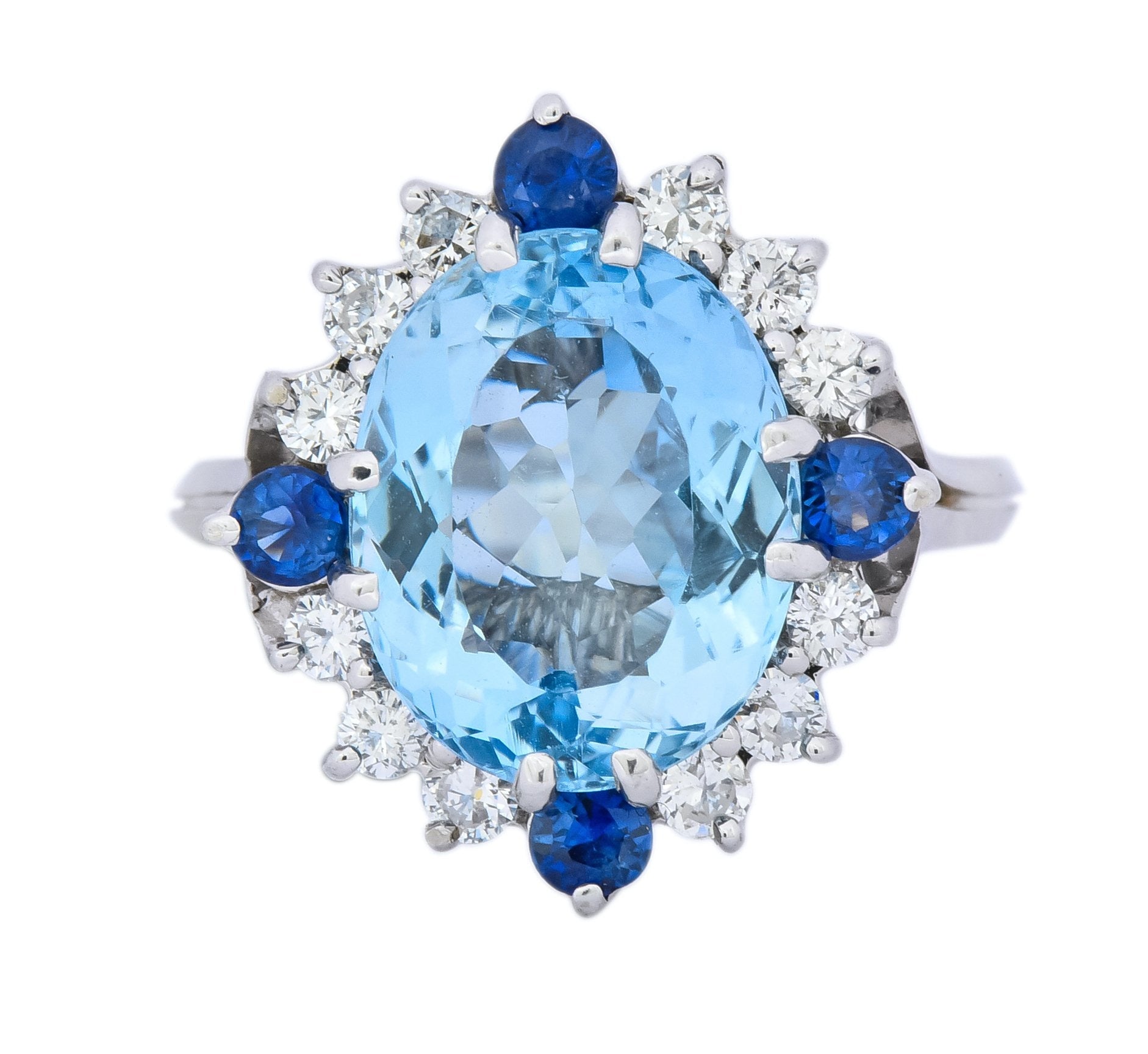 Vintage 4.14 CTW Aquamarine Diamond Sapphire 18 Karat White Gold Cluster Ring - Wilson's Estate Jewelry