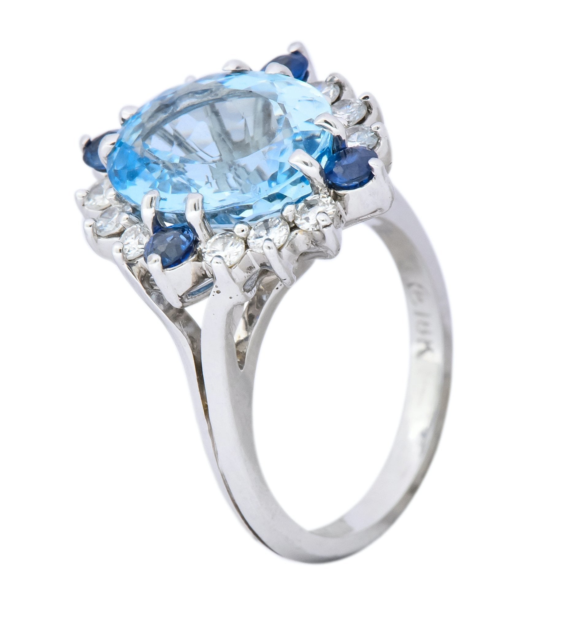 Vintage 4.14 CTW Aquamarine Diamond Sapphire 18 Karat White Gold Cluster Ring - Wilson's Estate Jewelry