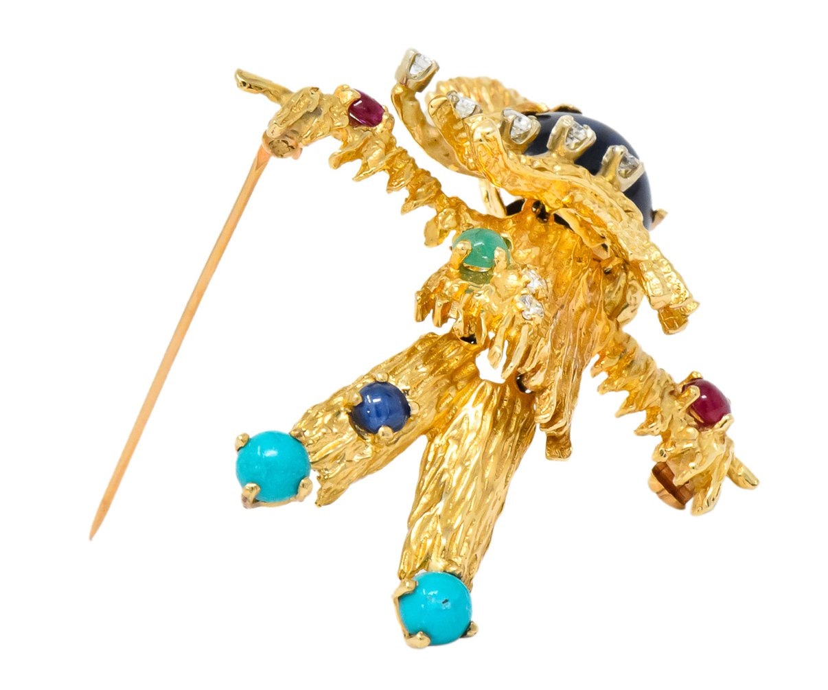 Vintage Diamond Sapphire Ruby Multi-Gem 14 Karat Gold Scarecrow Brooch - Wilson's Estate Jewelry