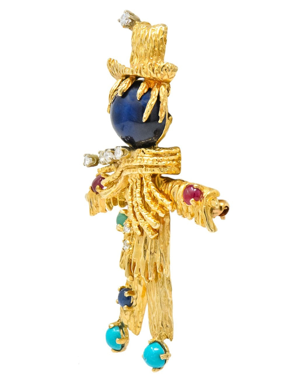 Vintage Diamond Sapphire Ruby Multi-Gem 14 Karat Gold Scarecrow Brooch - Wilson's Estate Jewelry