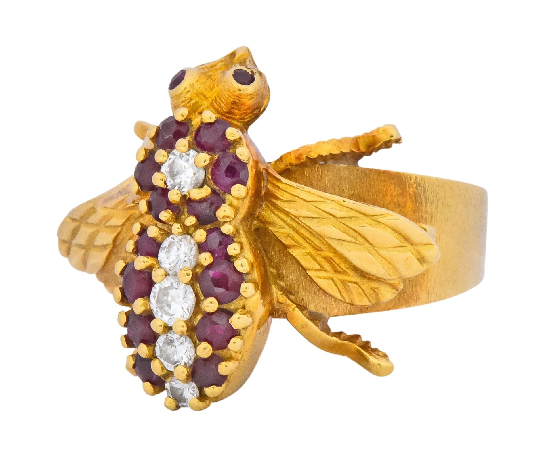 Vintage Herbert Rosenthal 0.95 CTW Diamond Ruby 18 Karat Gold Bee Ring - Wilson's Estate Jewelry