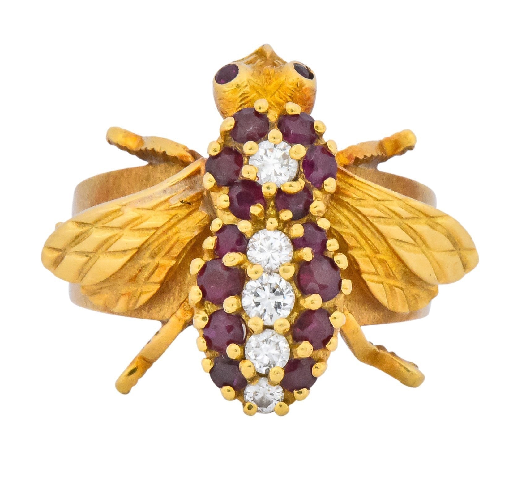 Vintage Herbert Rosenthal 0.95 CTW Diamond Ruby 18 Karat Gold Bee Ring - Wilson's Estate Jewelry