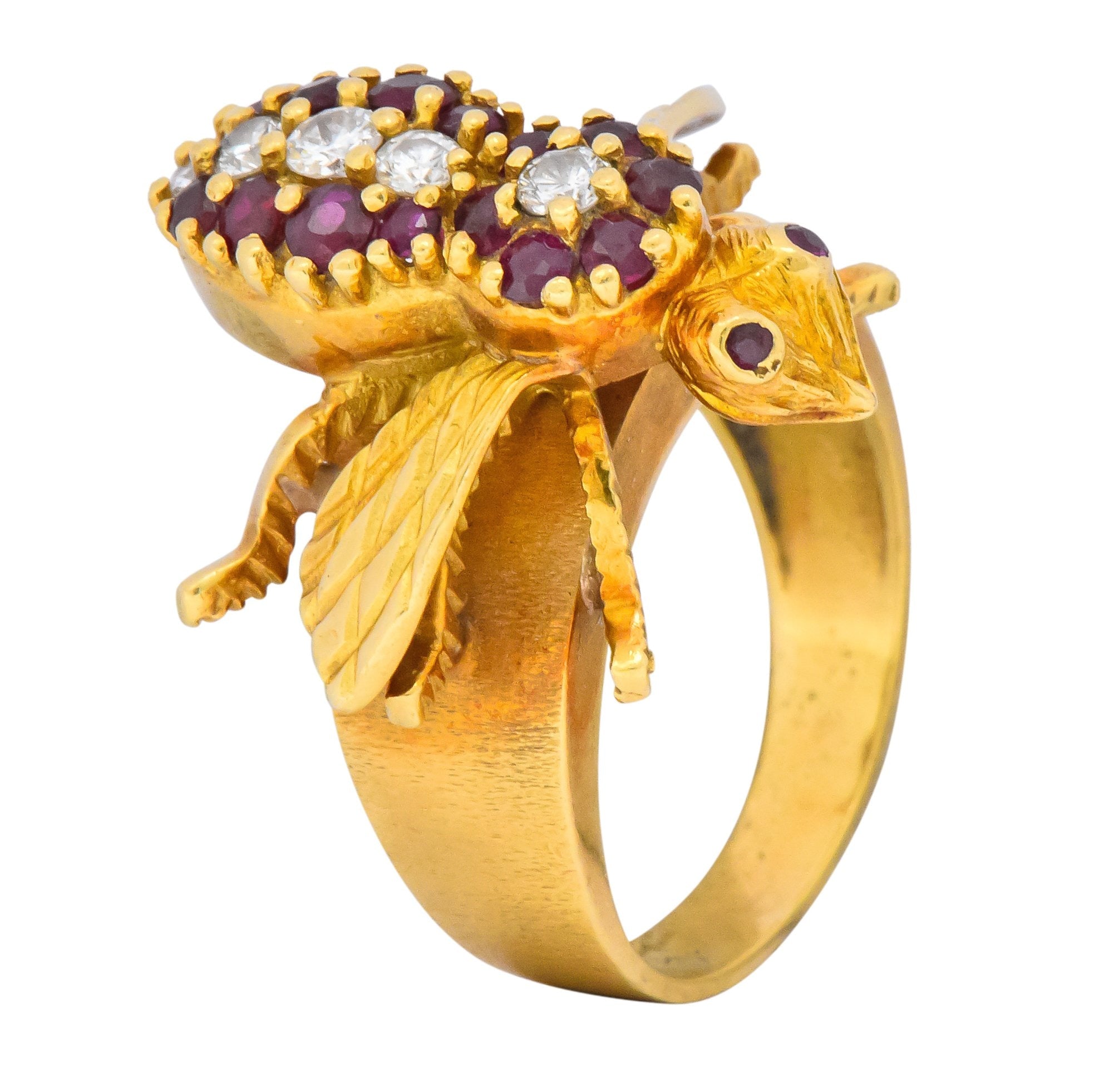Vintage Herbert Rosenthal 0.95 CTW Diamond Ruby 18 Karat Gold Bee Ring - Wilson's Estate Jewelry