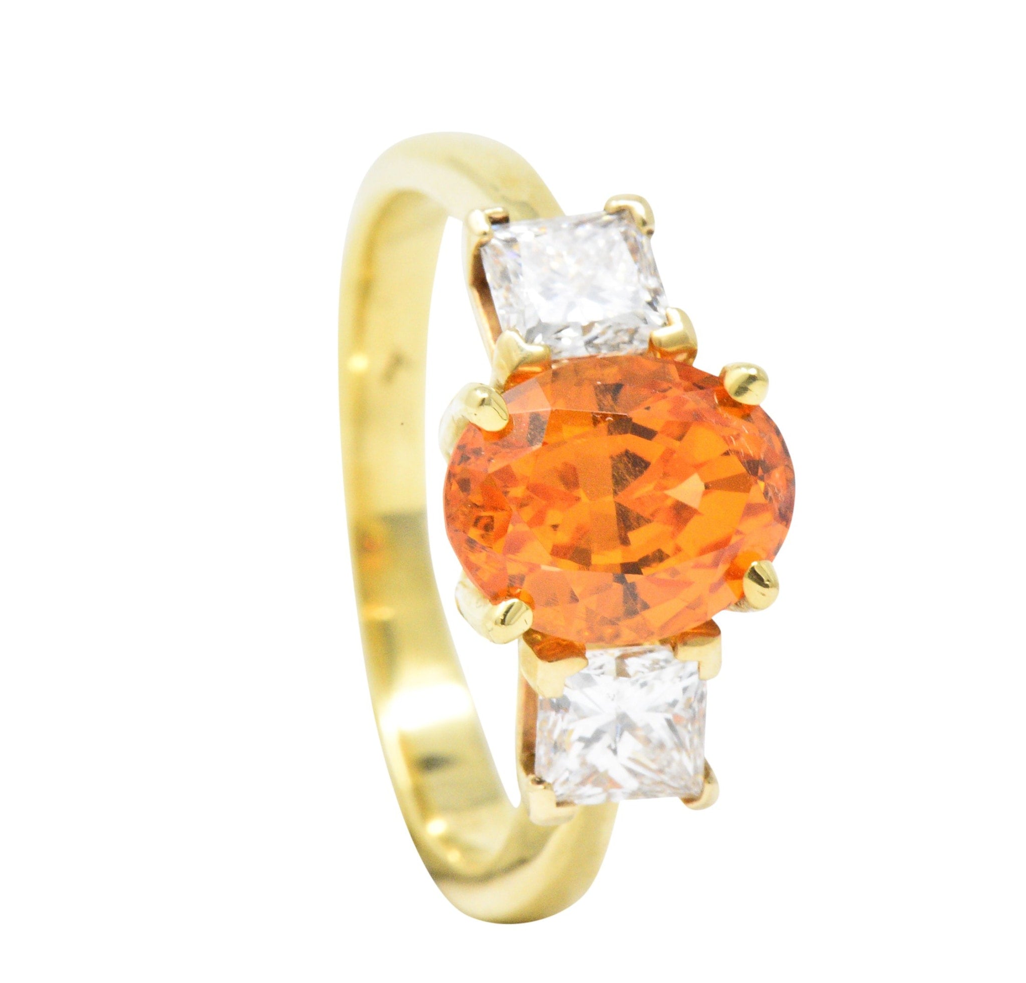 Vivid 4.60 CTW Spessartite Garnet Diamond 18 Karat Gold Three Stone Ring Wilson's Estate Jewelry
