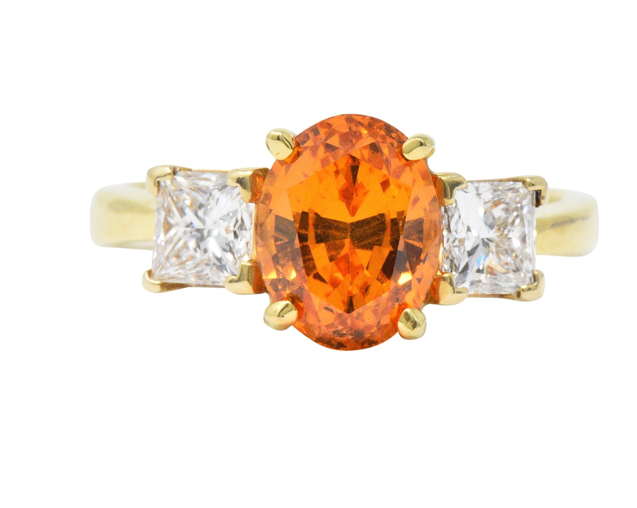 Vivid 4.60 CTW Spessartite Garnet Diamond 18 Karat Gold Three Stone Ring Wilson's Estate Jewelry