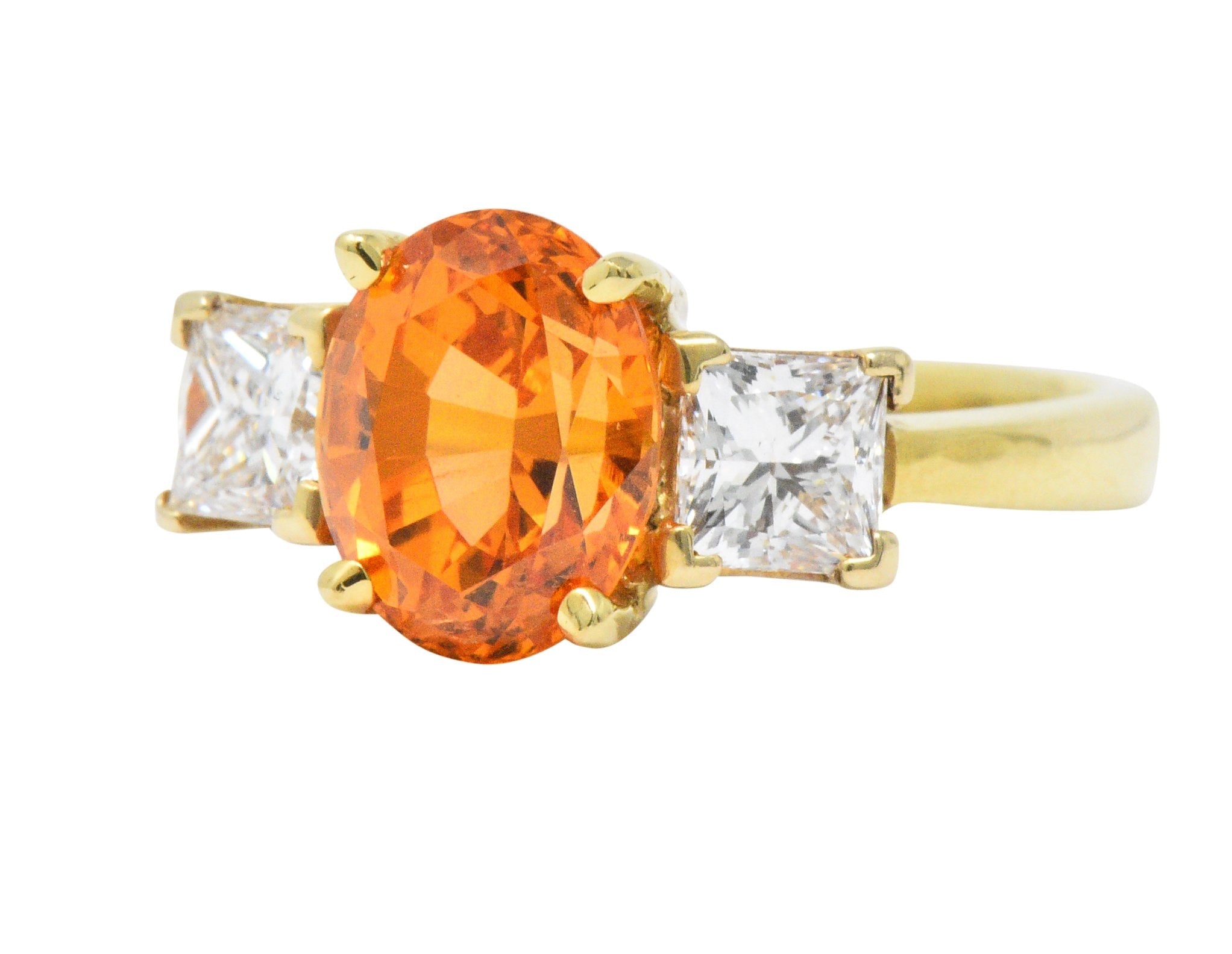 Vivid 4.60 CTW Spessartite Garnet Diamond 18 Karat Gold Three Stone Ring Wilson's Estate Jewelry