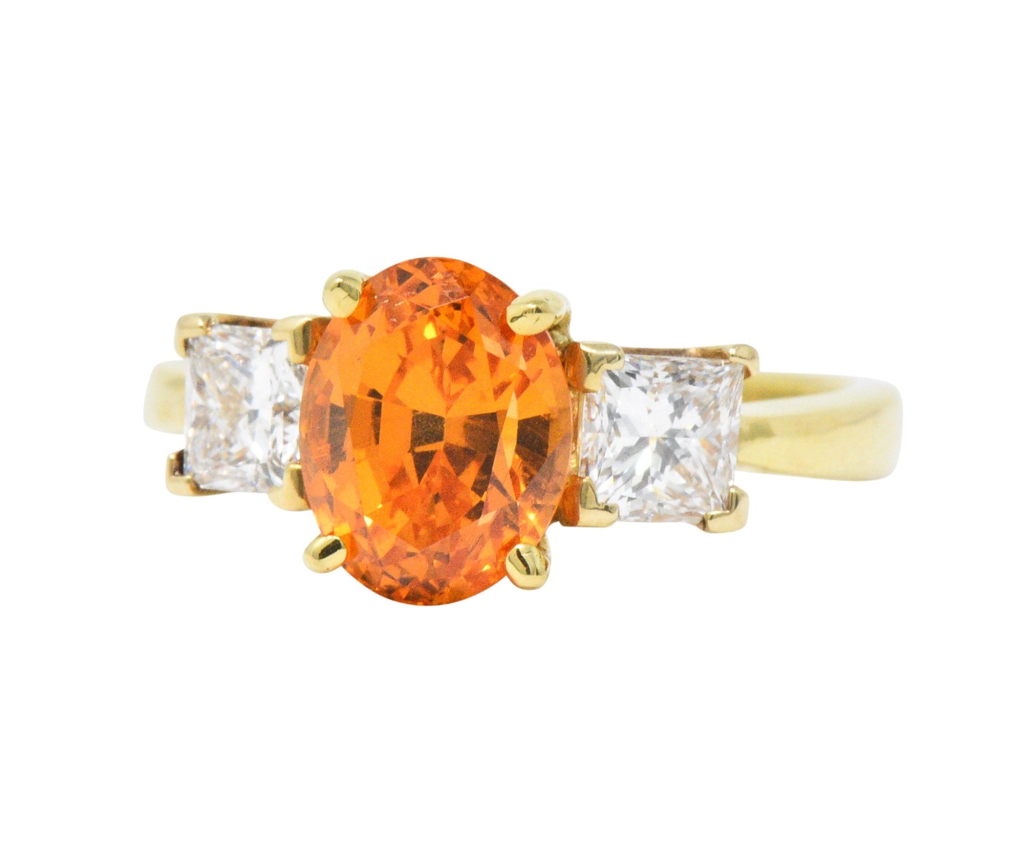 Vivid 4.60 CTW Spessartite Garnet Diamond 18 Karat Gold Three Stone Ring Wilson's Estate Jewelry