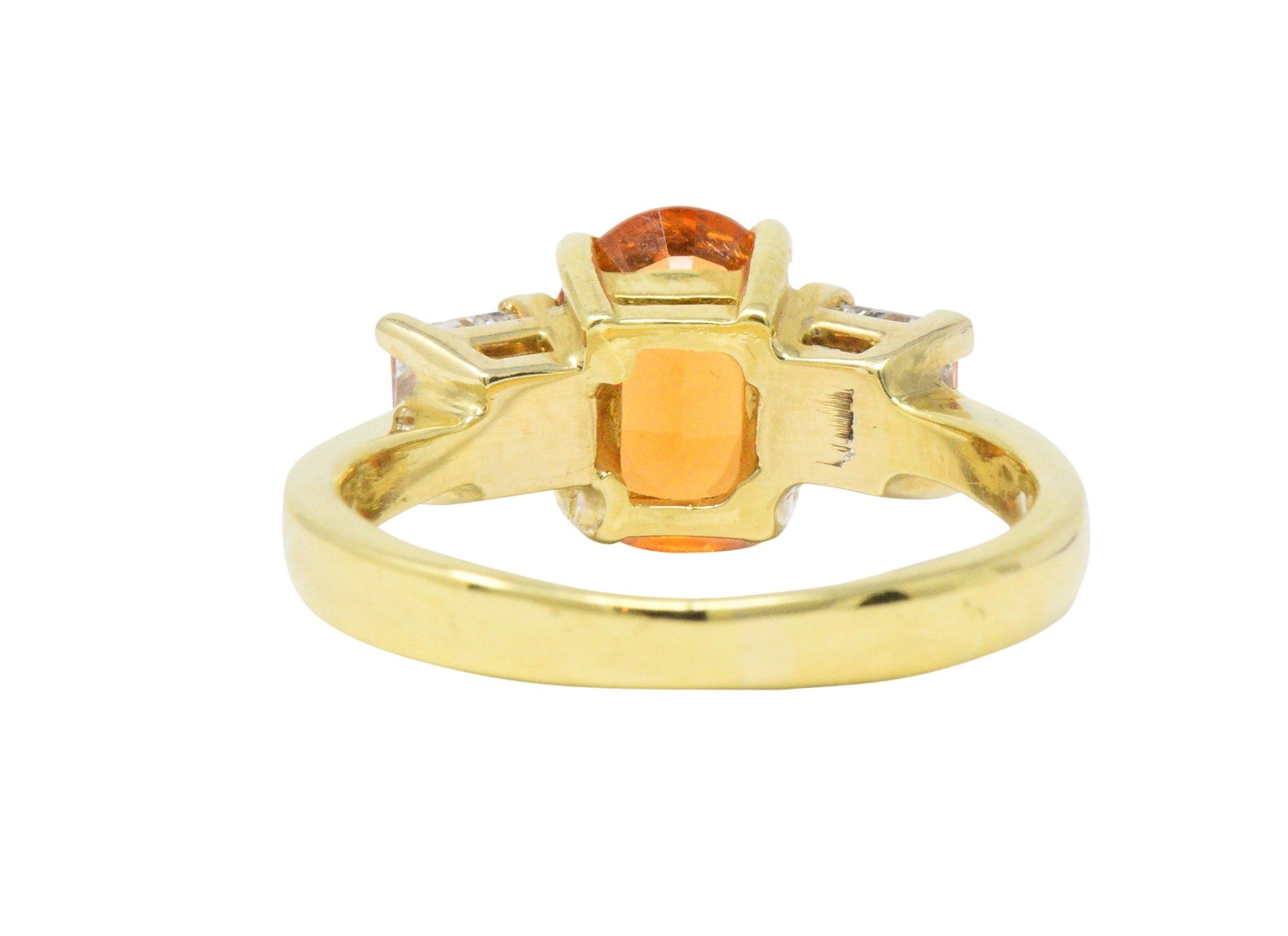 Vivid 4.60 CTW Spessartite Garnet Diamond 18 Karat Gold Three Stone Ring Wilson's Estate Jewelry