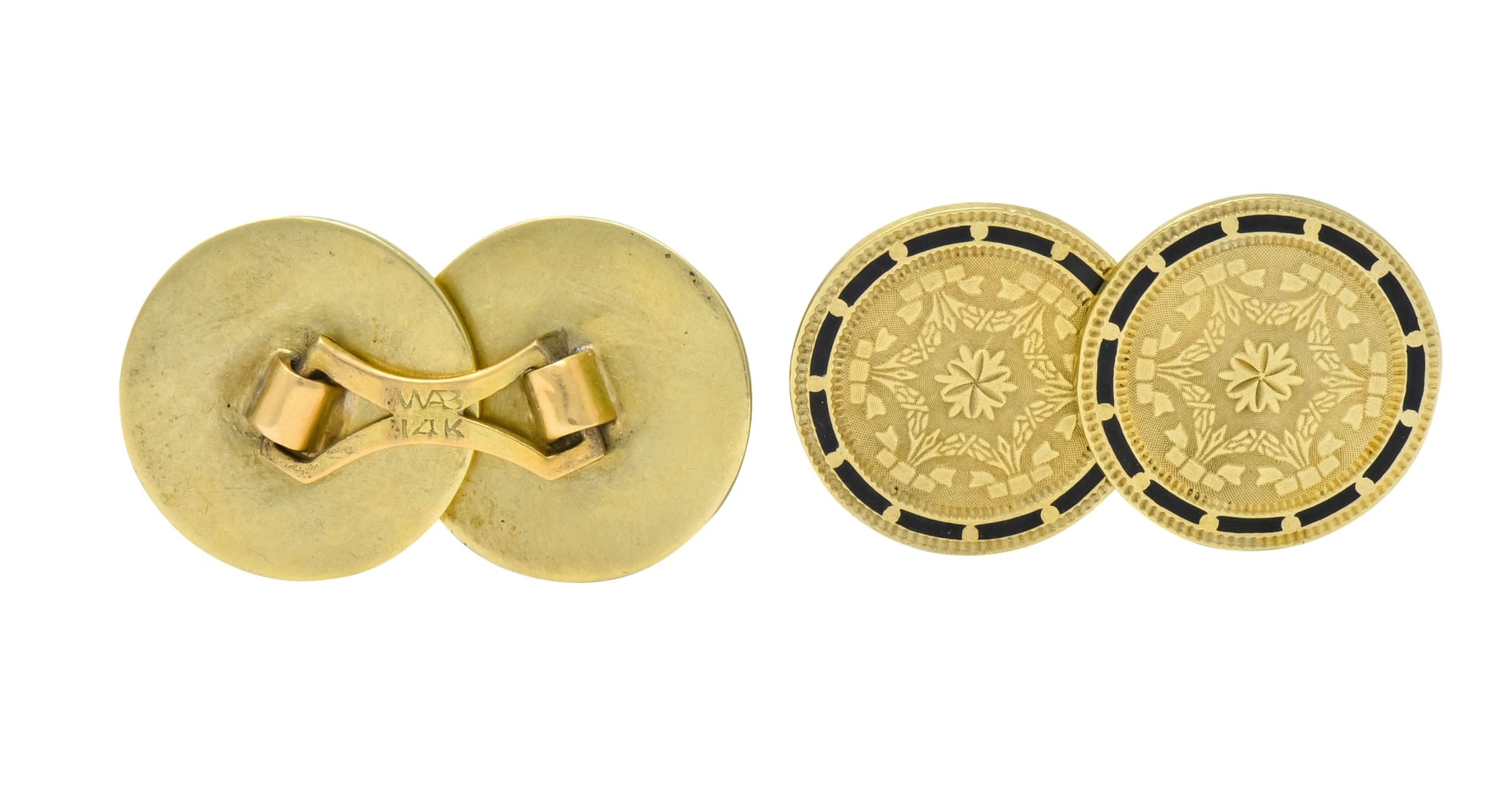 Wordley, Allsop & Bliss Enamel 14 Karat Gold Disk Men's Deco Cufflinks - Wilson's Estate Jewelry