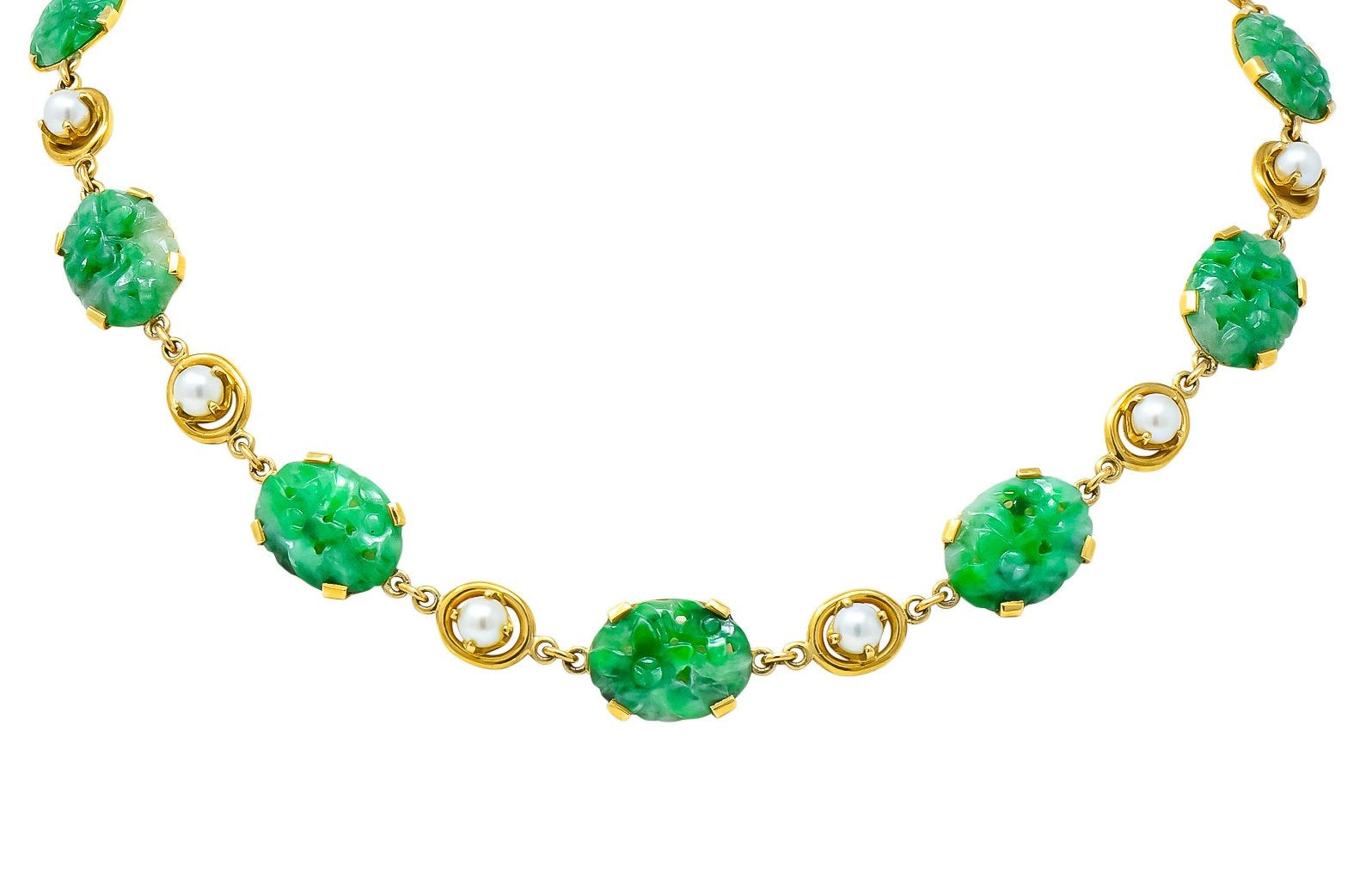 Wordley Alsopp & Bliss 1940's Retro Jade Pearl 14 Karat Link Necklace - Wilson's Estate Jewelry