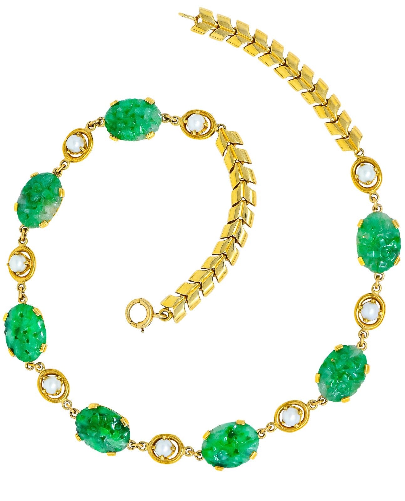 Wordley Alsopp & Bliss 1940's Retro Jade Pearl 14 Karat Link Necklace - Wilson's Estate Jewelry