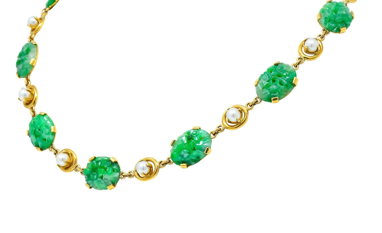 Wordley Alsopp & Bliss 1940's Retro Jade Pearl 14 Karat Link Necklace - Wilson's Estate Jewelry