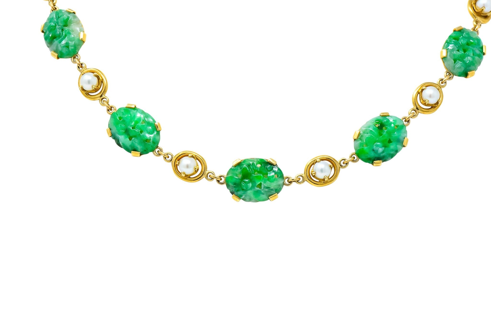 Wordley Alsopp & Bliss 1940's Retro Jade Pearl 14 Karat Link Necklace - Wilson's Estate Jewelry