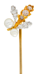 Edwardian Diamond Pearl Platinum-Topped 18 Karat Gold Foliate Antique Stickpin Wilson's Estate Jewelry