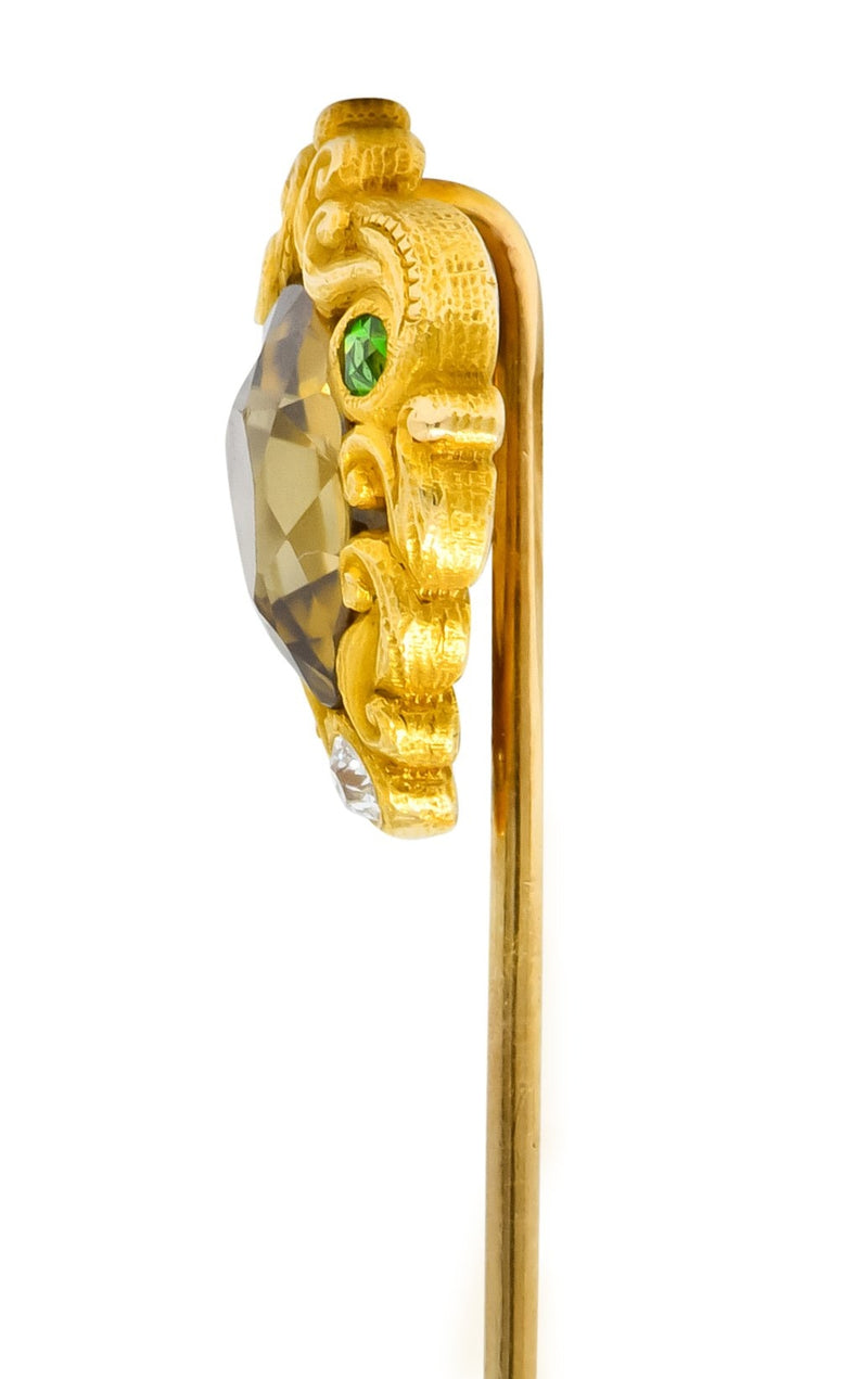 Frank Walter Lawrence Zircon Diamond Demantoid Garnet 14 Karat Gold Scrolled Stickpin - Wilson's Estate Jewelry