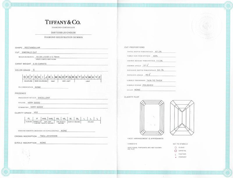 Tiffany & Co. 5.35 CTW Emerald Cut Diamond Platinum Soleste Halo Engagement  Ring