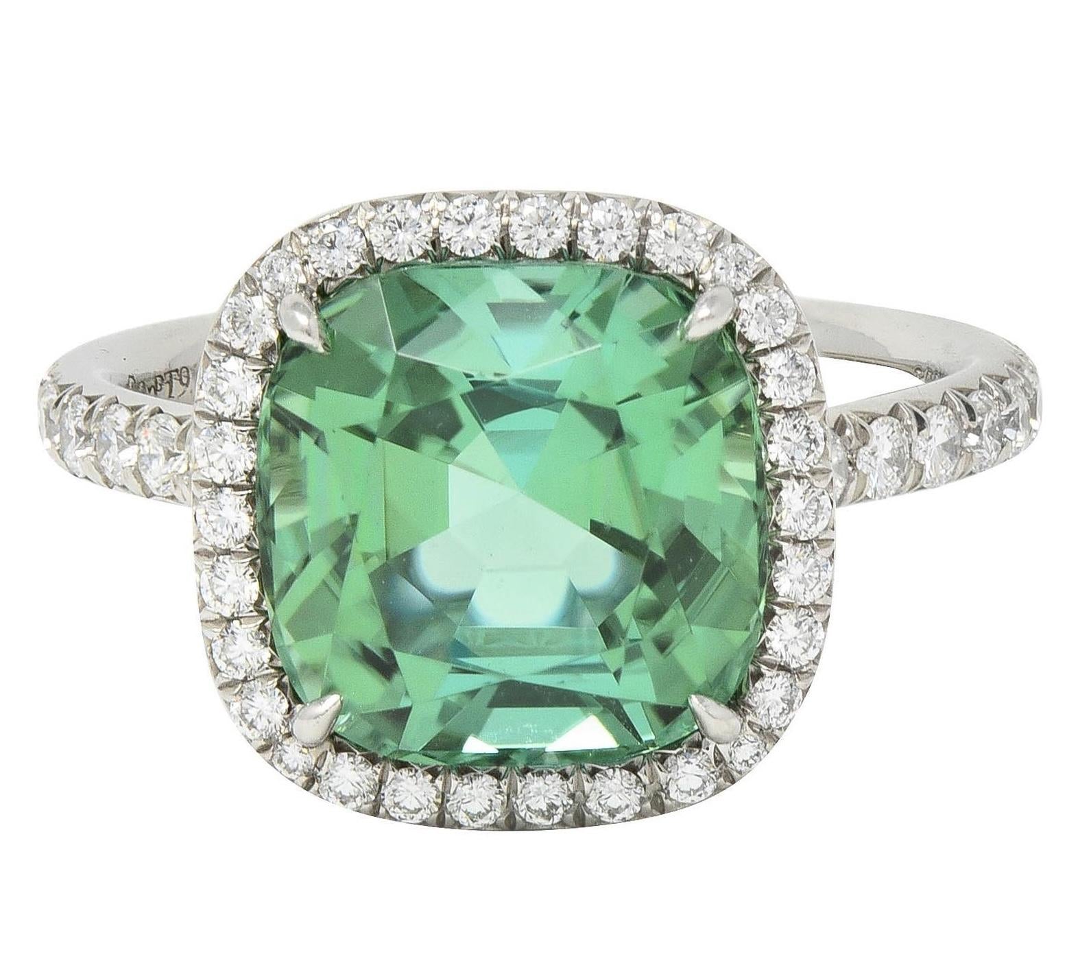 Tiffany & Co. 4.38 CTW Green Tourmaline Diamond Platinum Soleste Halo Ring