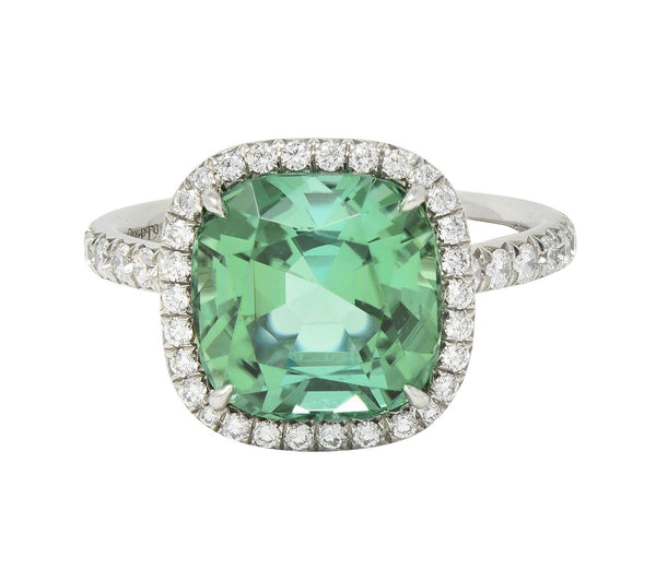 Tiffany & Co. 4.38 CTW Green Tourmaline Diamond Platinum Soleste Halo Ring