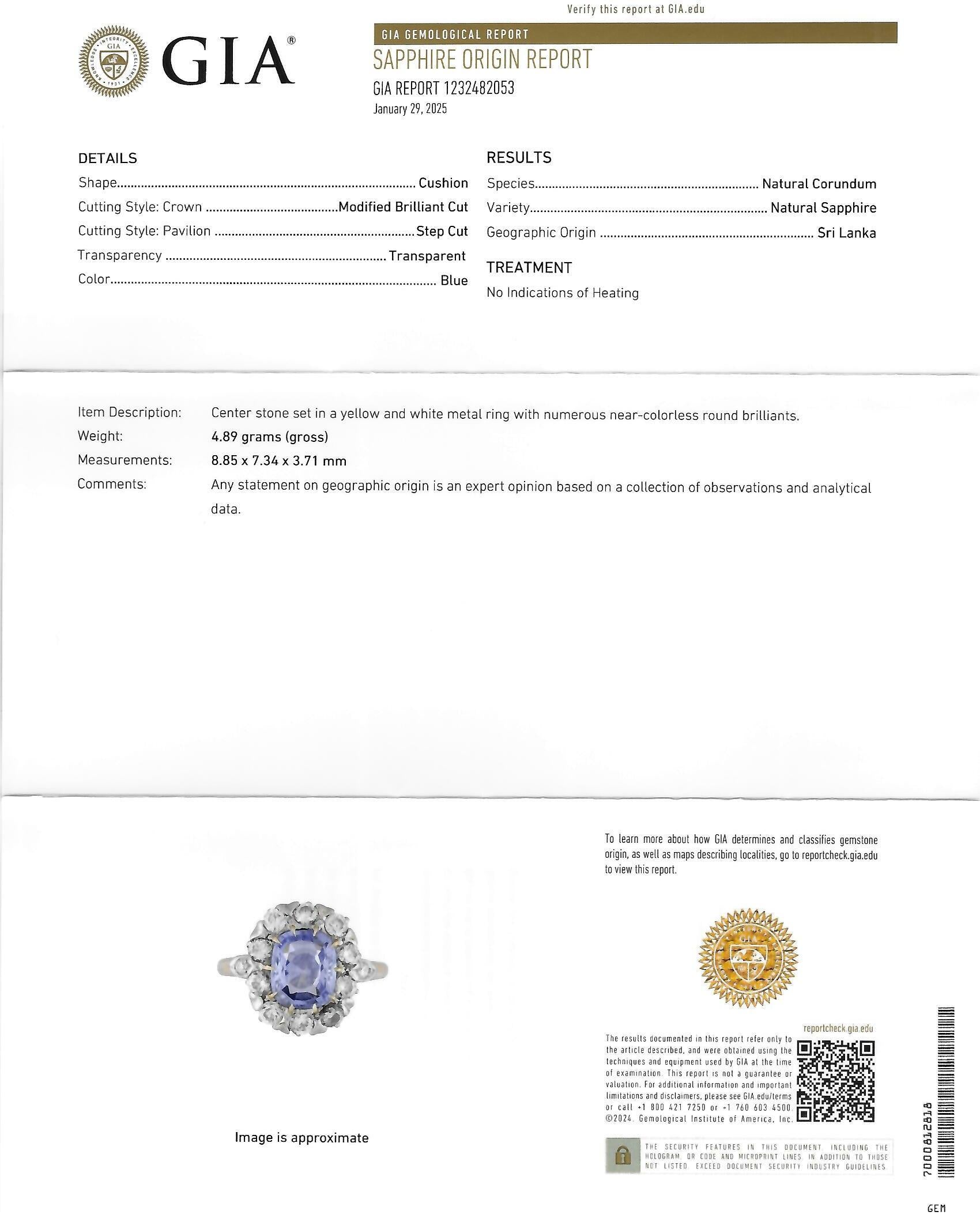 Edwardian No Heat Ceylon Sapphire Diamond Platinum 14K Antique Halo Ring GIA